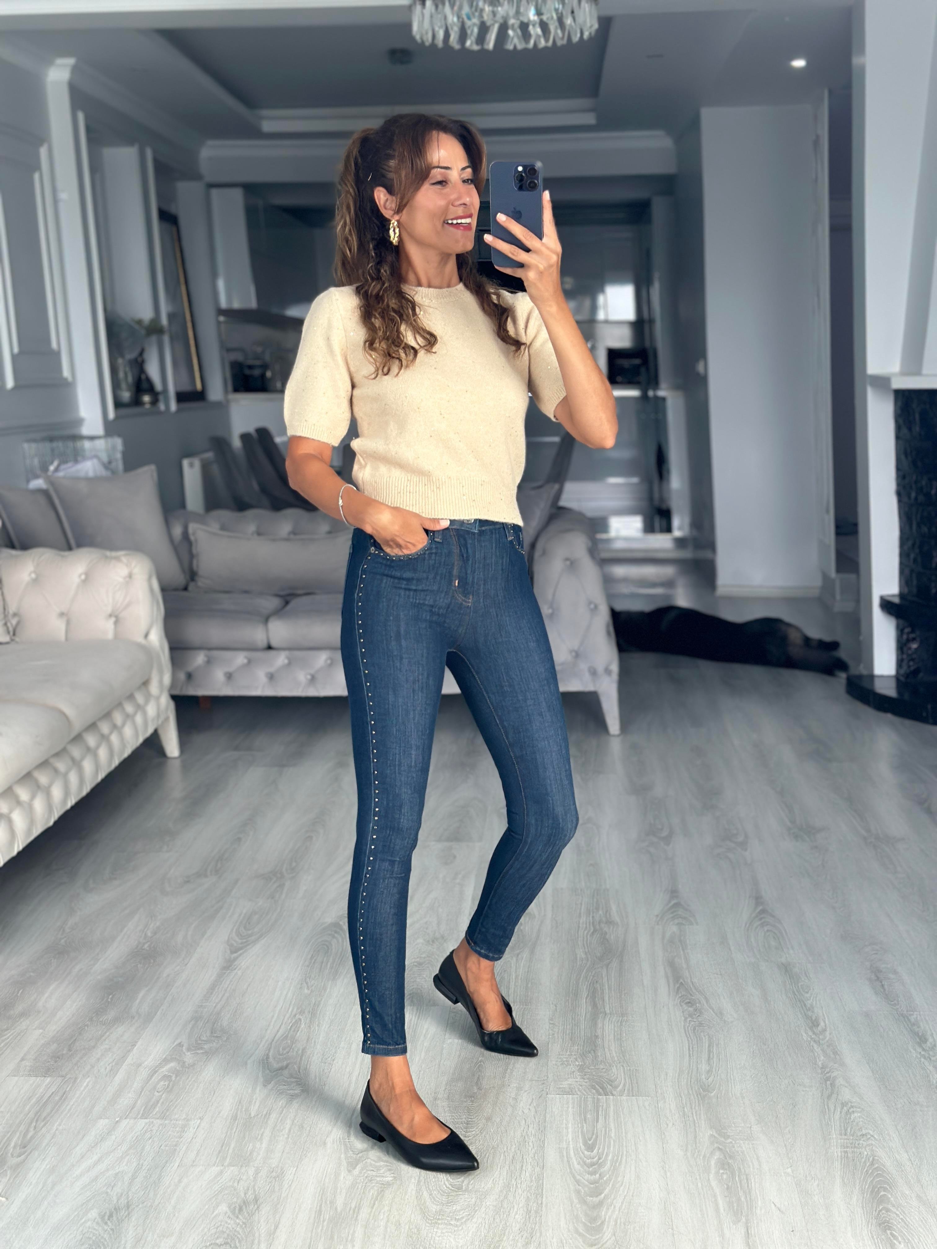 Bej Bisiklet Yaka Kısa Kol Pullu Simli Kadın Kazak