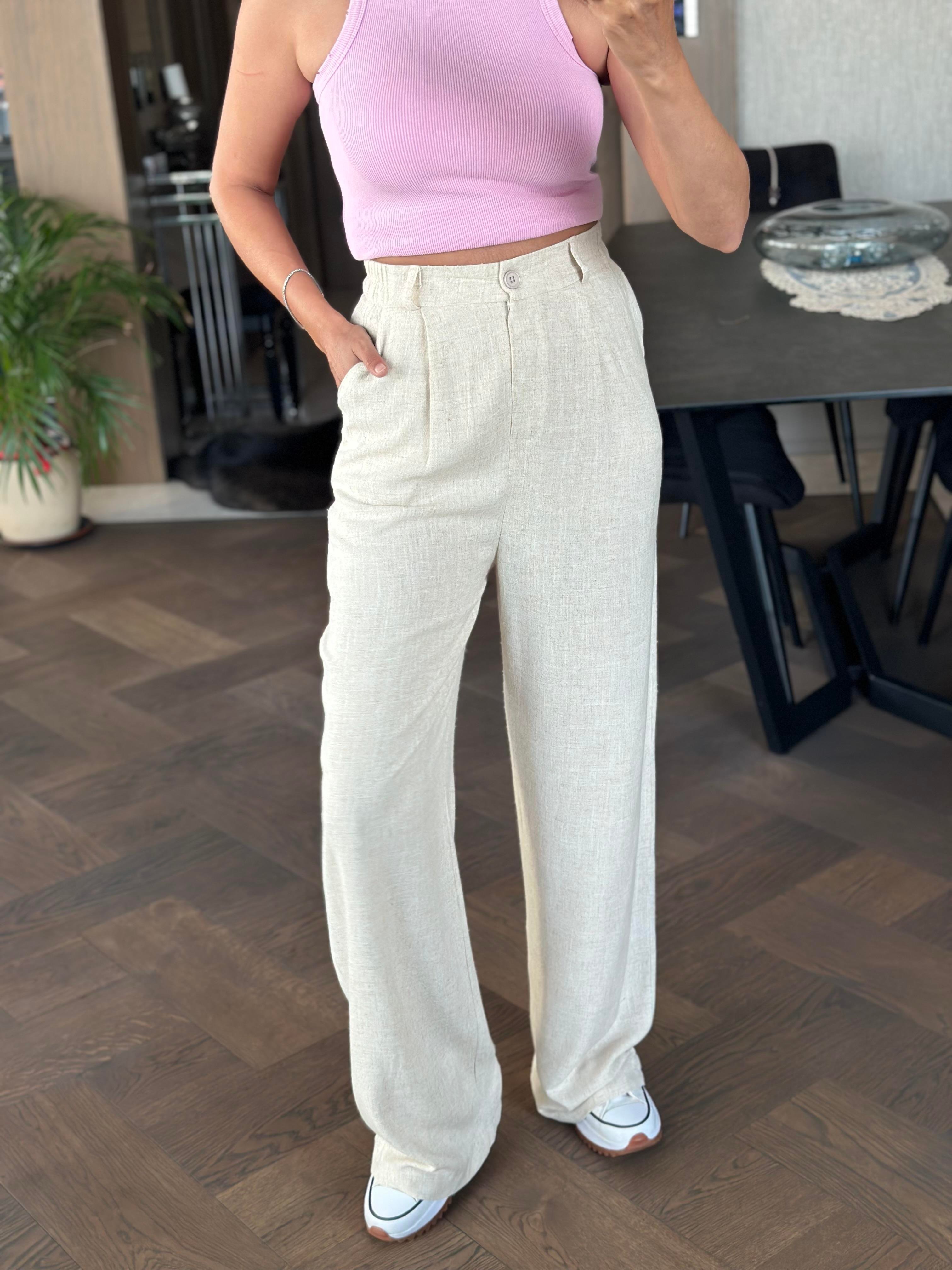 Bej Ham Keten Orjinal Marka Yan Beli Lastikli Kadın Pantolon