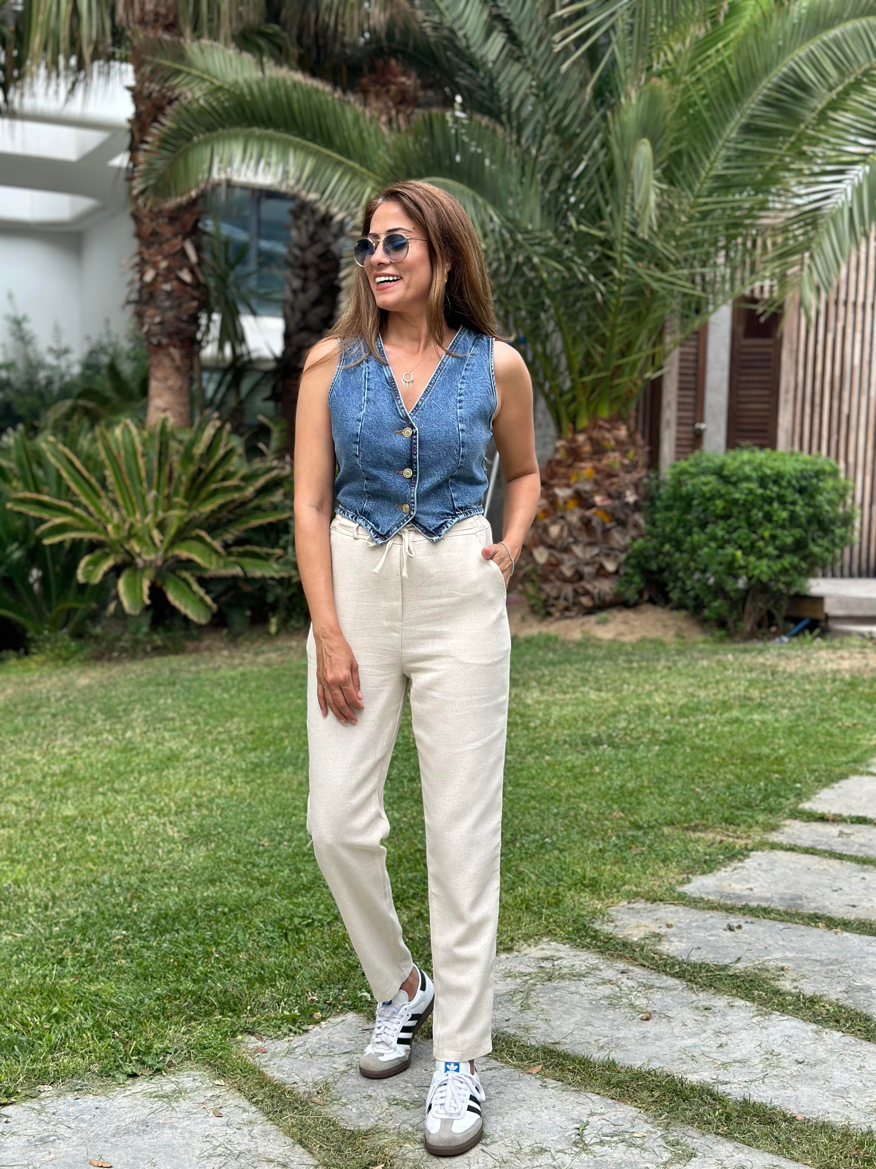 Bej Jogger Beli Bağcıklı Keten Kadın Pantolon