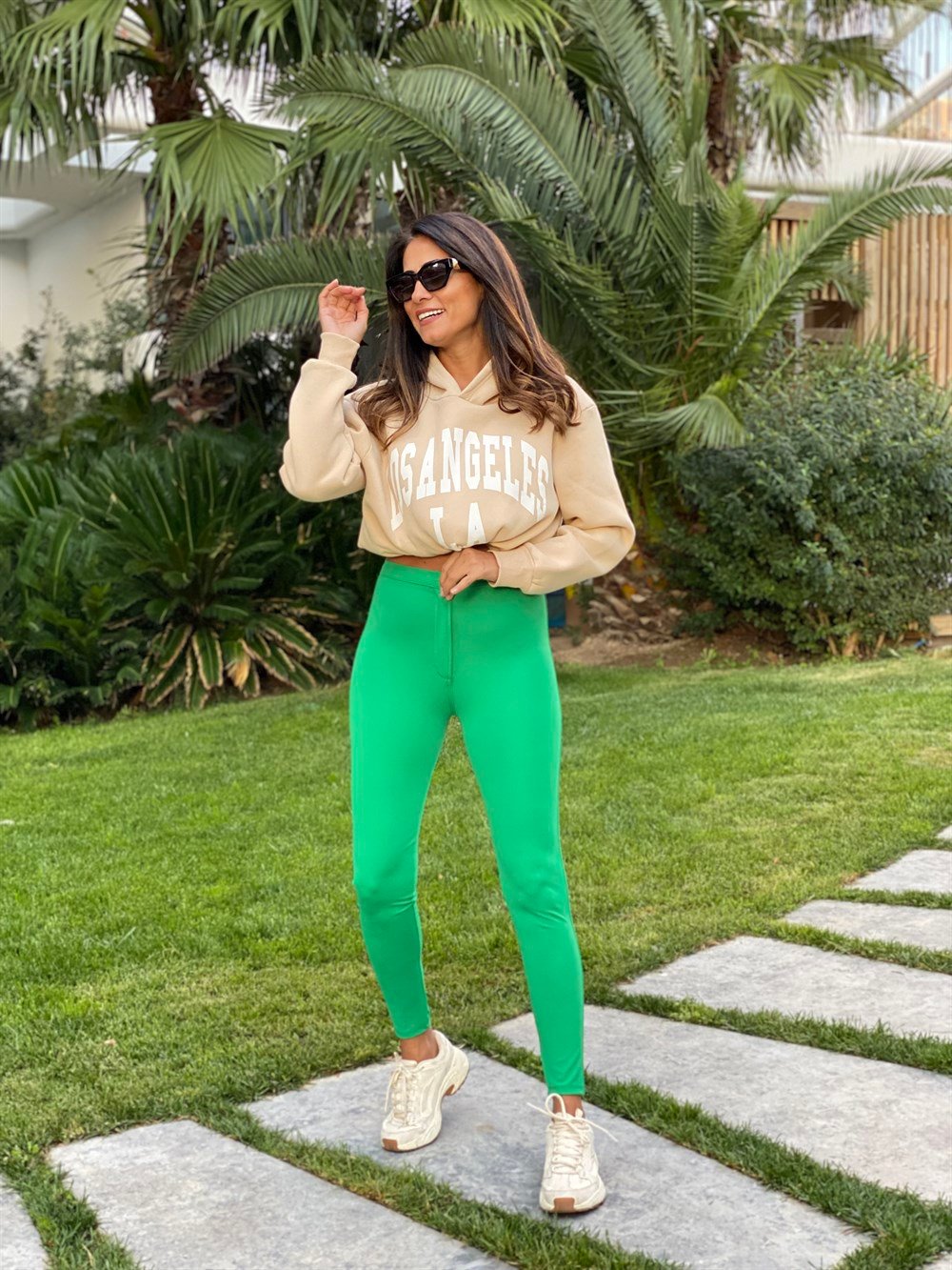 Bej Kapüşonlu Los Angeles Baskılı Kadın Sweatshirt