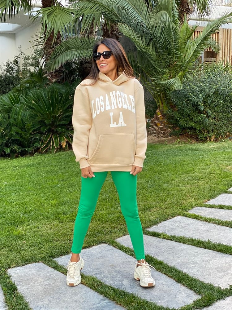 Bej Kapüşonlu Los Angeles Baskılı Kadın Sweatshirt