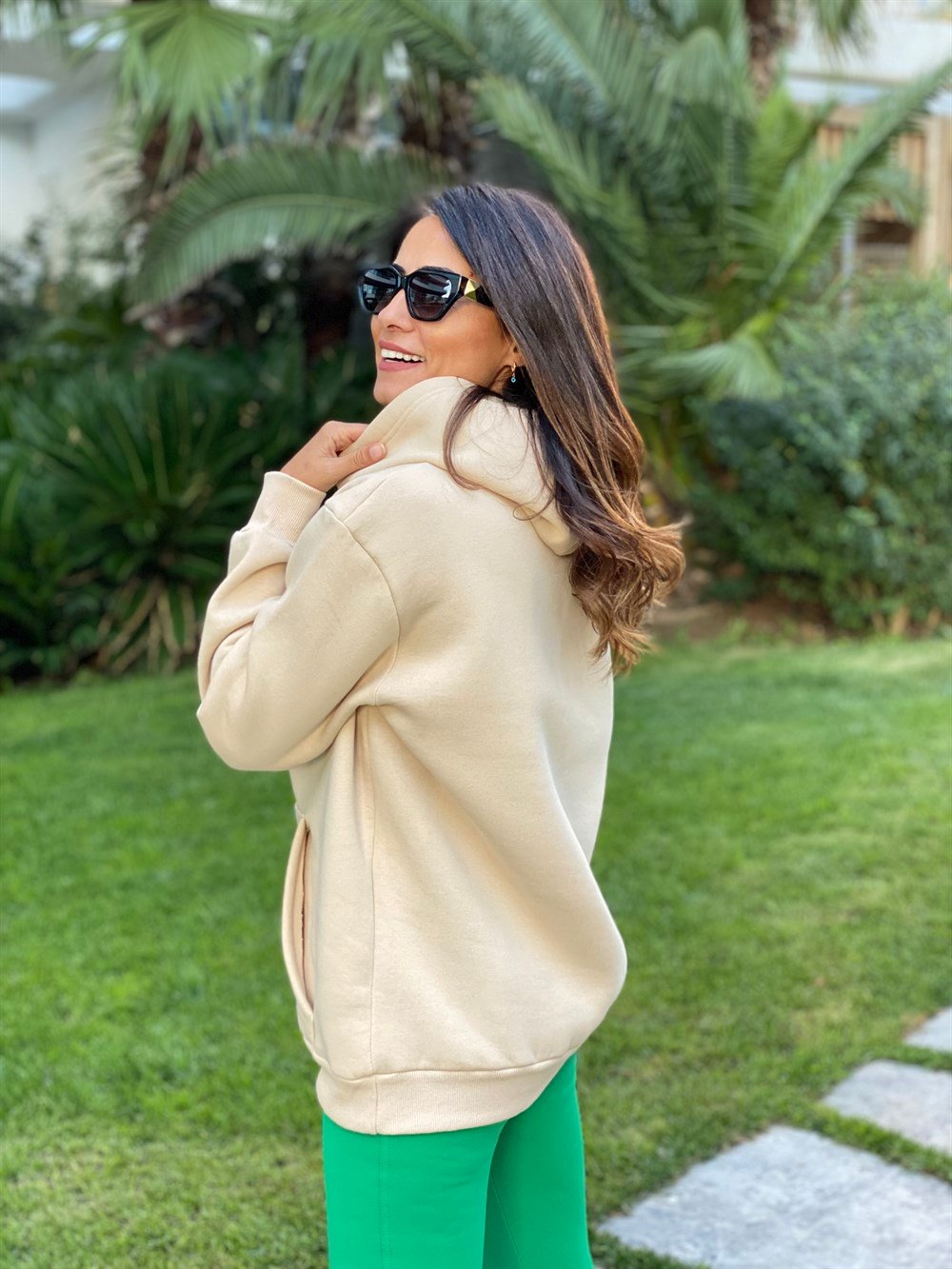 Bej Kapüşonlu Los Angeles Baskılı Kadın Sweatshirt