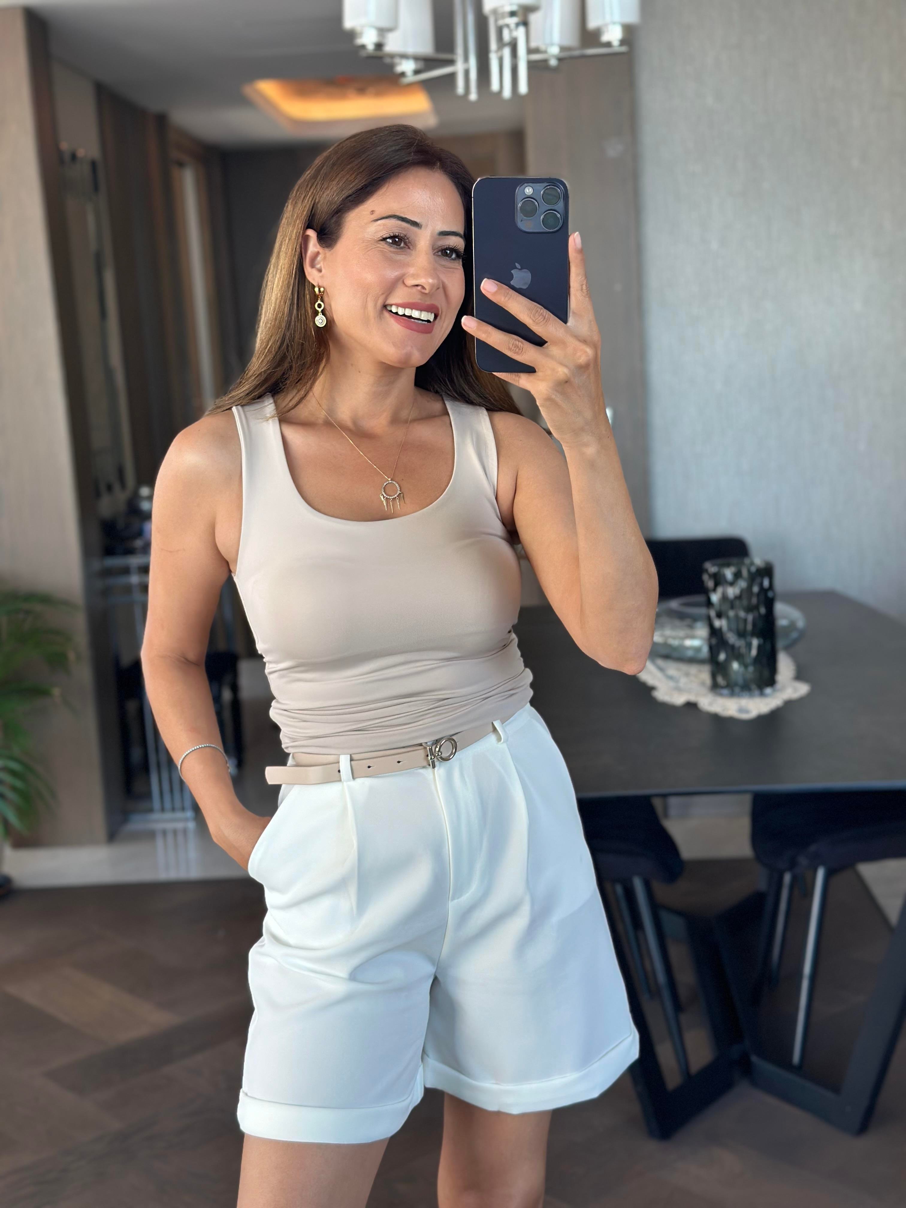 Bej Karol Kalın Askılı U Yaka  Kadın Body