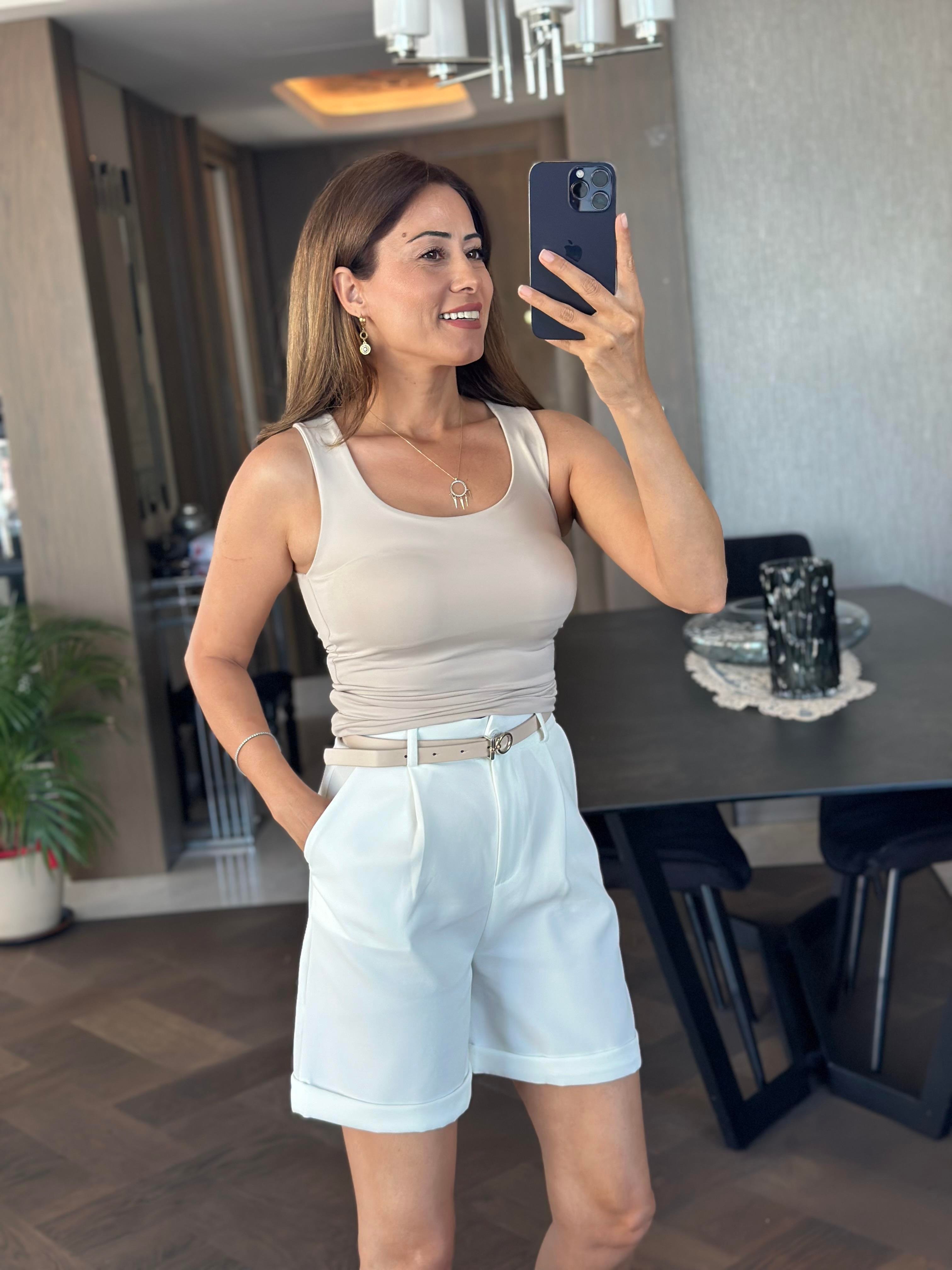 Bej Karol Kalın Askılı U Yaka  Kadın Body