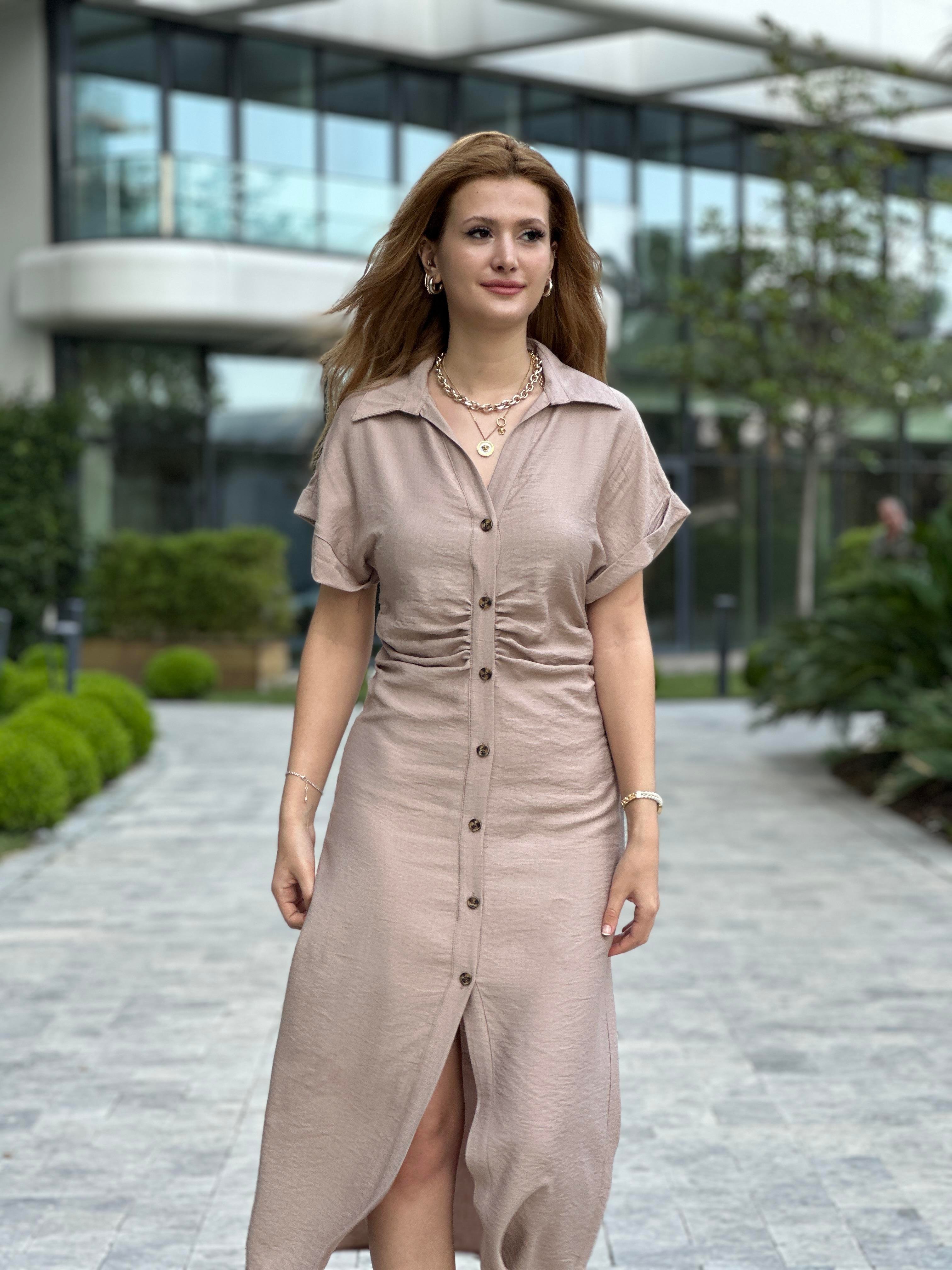 Bej Kısa Kol Beli Drapeli Kadın Gömlek Elbise