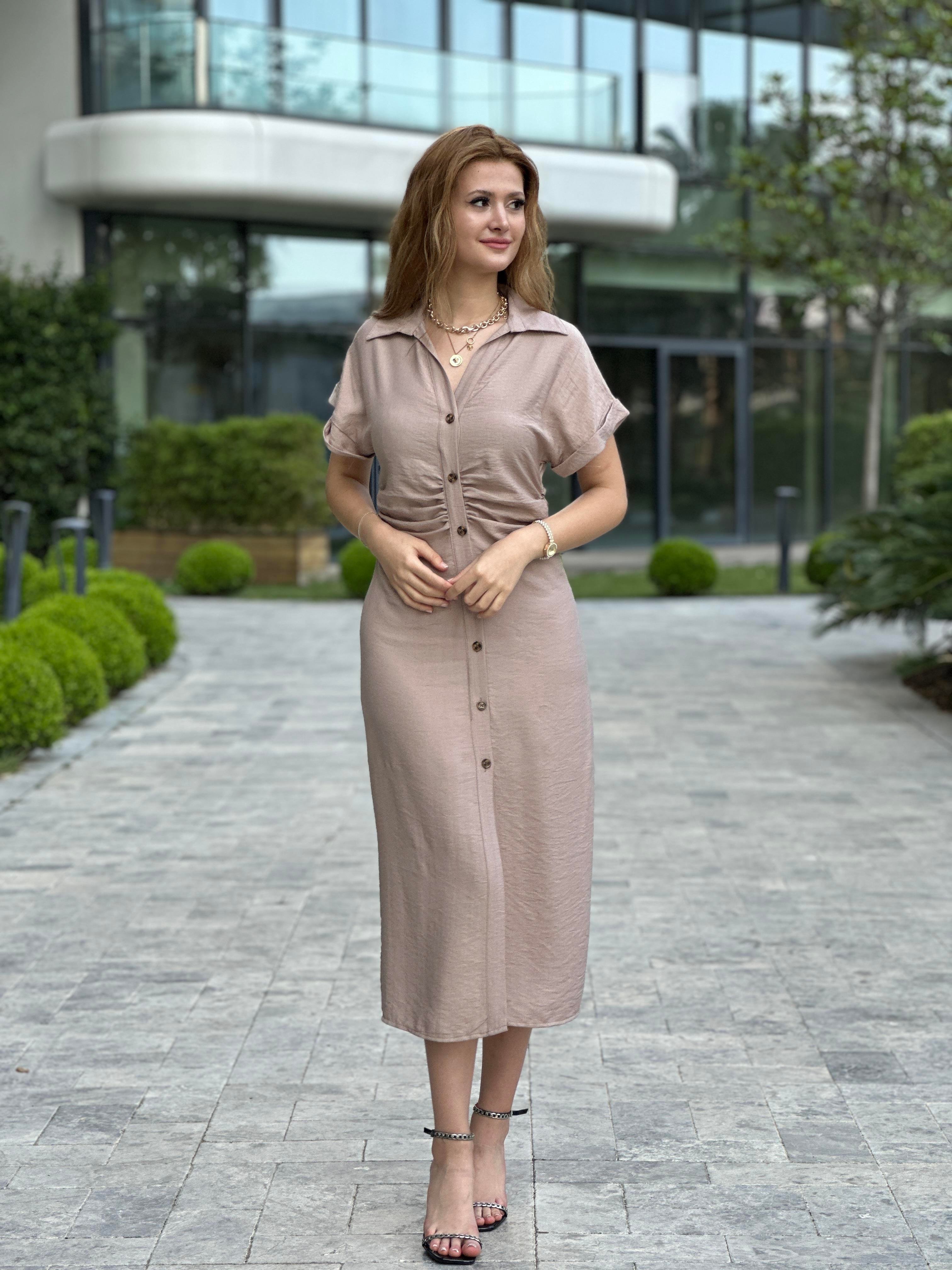 Bej Kısa Kol Beli Drapeli Kadın Gömlek Elbise