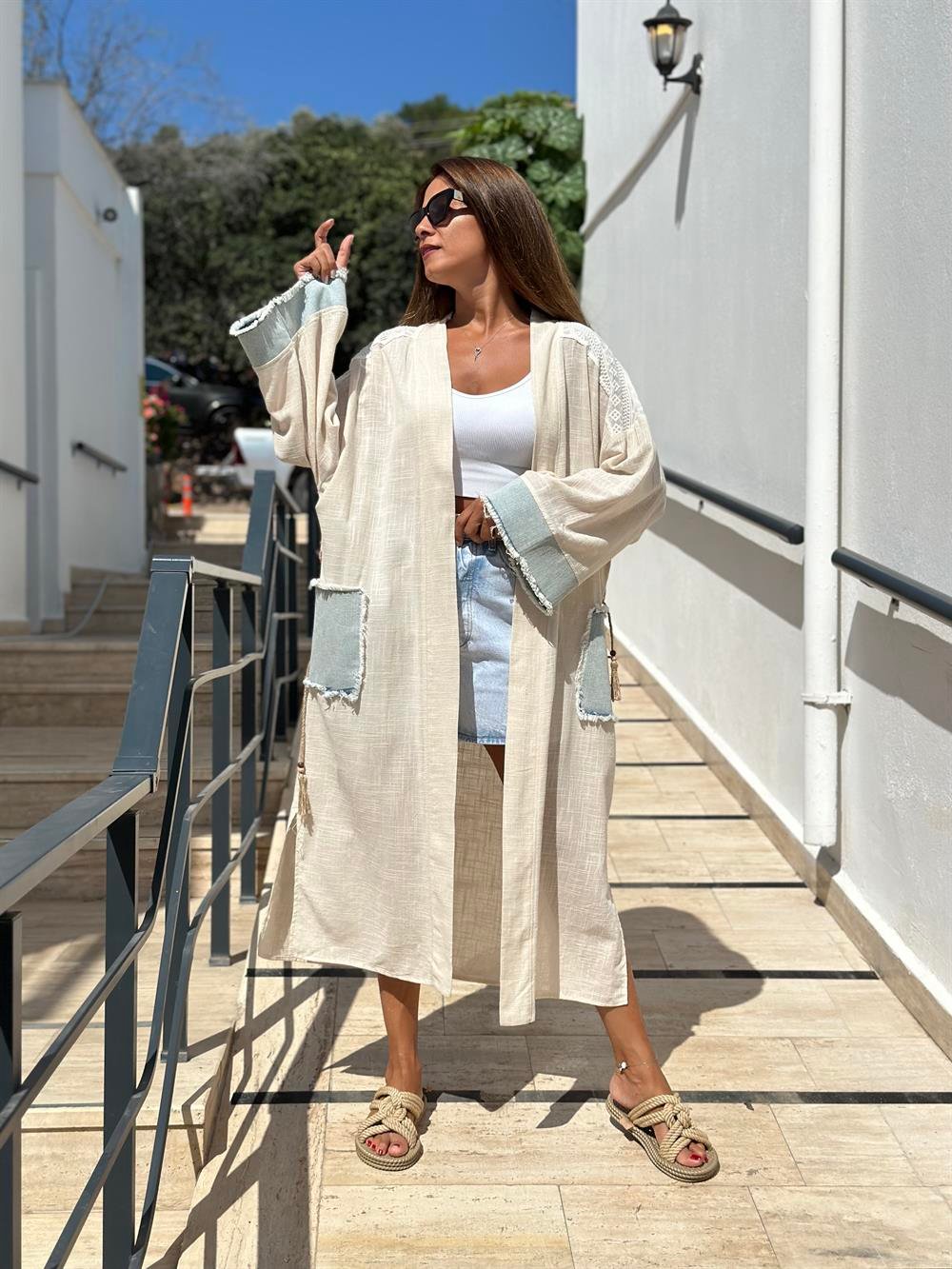 Bej Kot Garnili Brodeli Keten Kadın Kimono