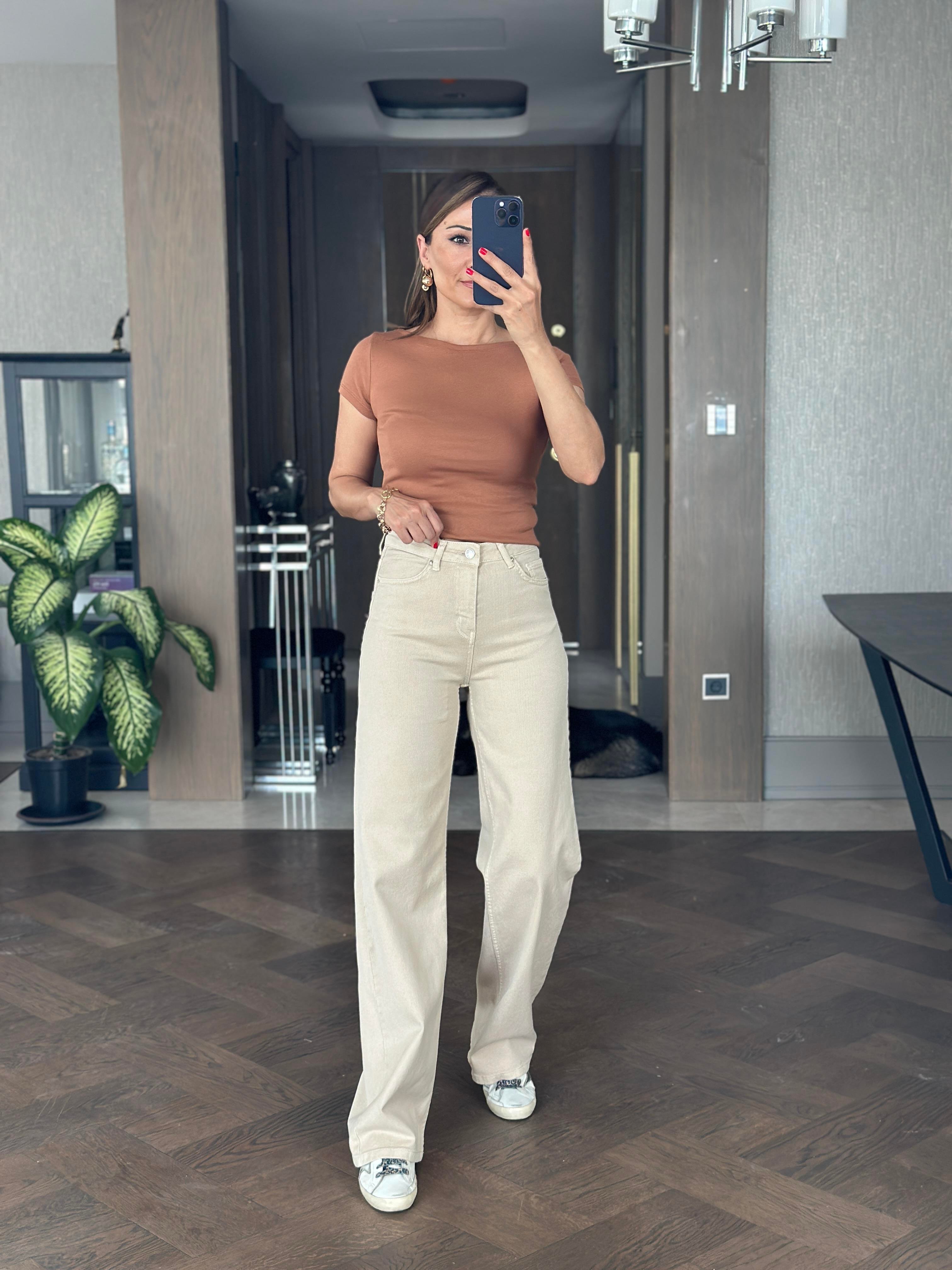 Bej Lacarino Wide Leg Kadın Jean Pantolon