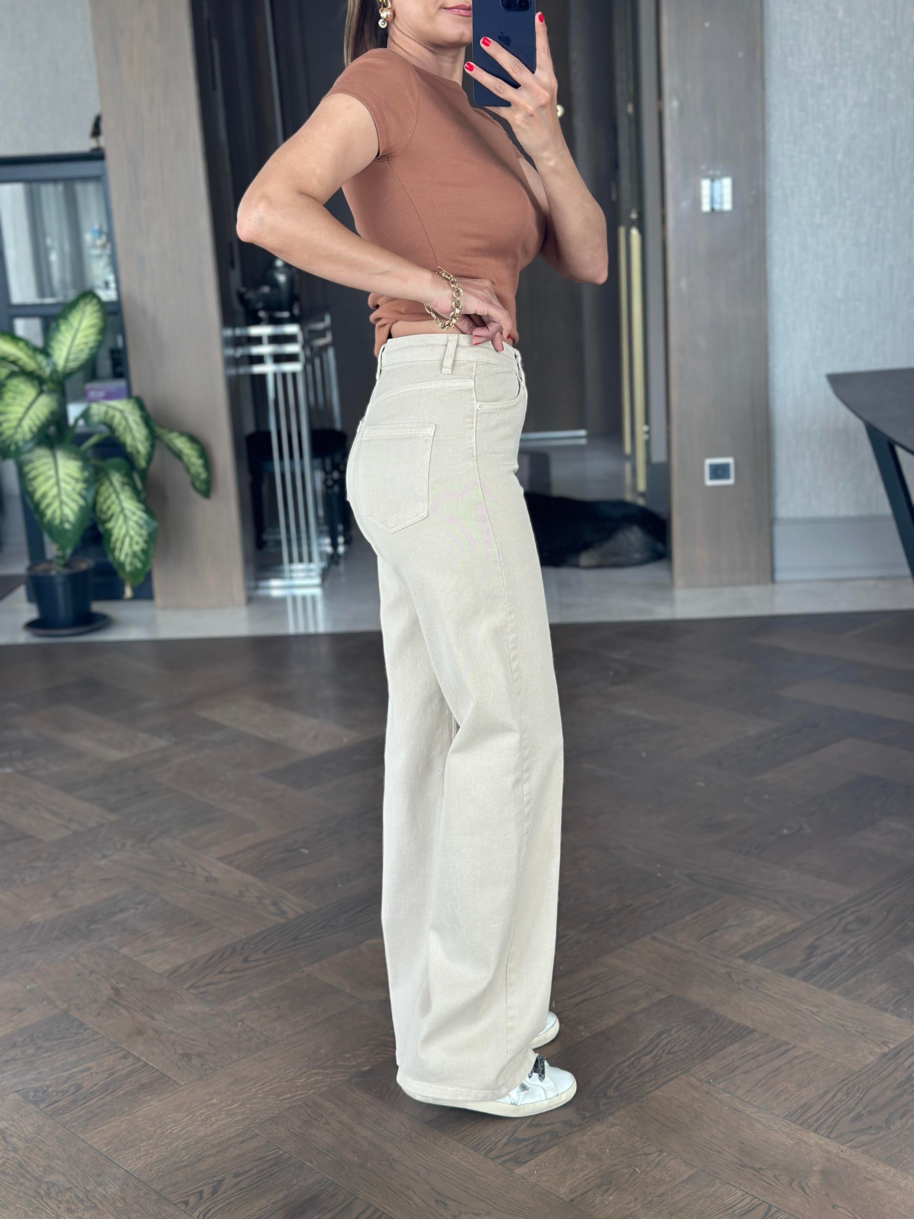 Bej Lacarino Wide Leg Kadın Jean Pantolon