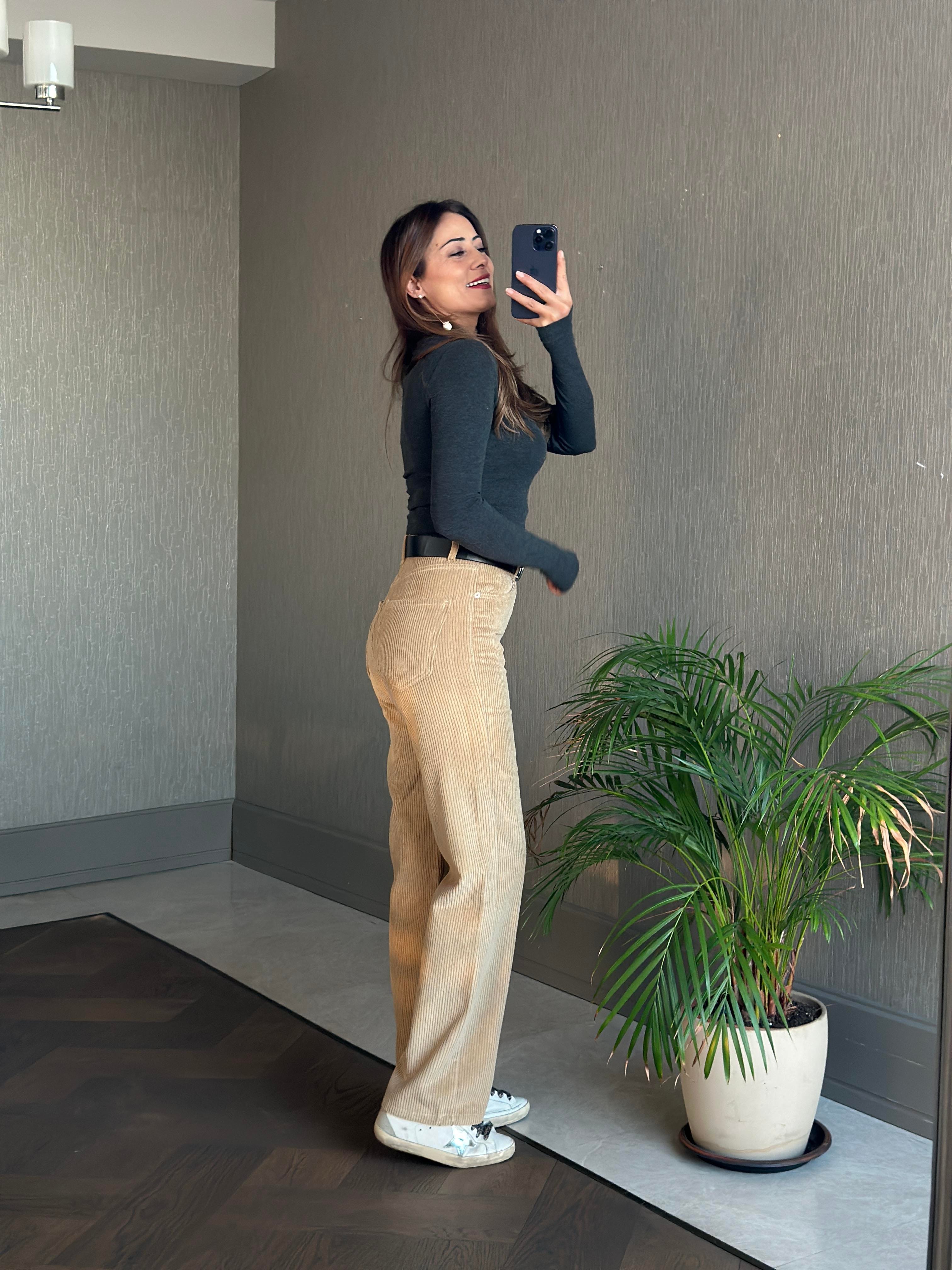 Bej Marka Model Straight Fitilli Kadın Kadife Pantolon