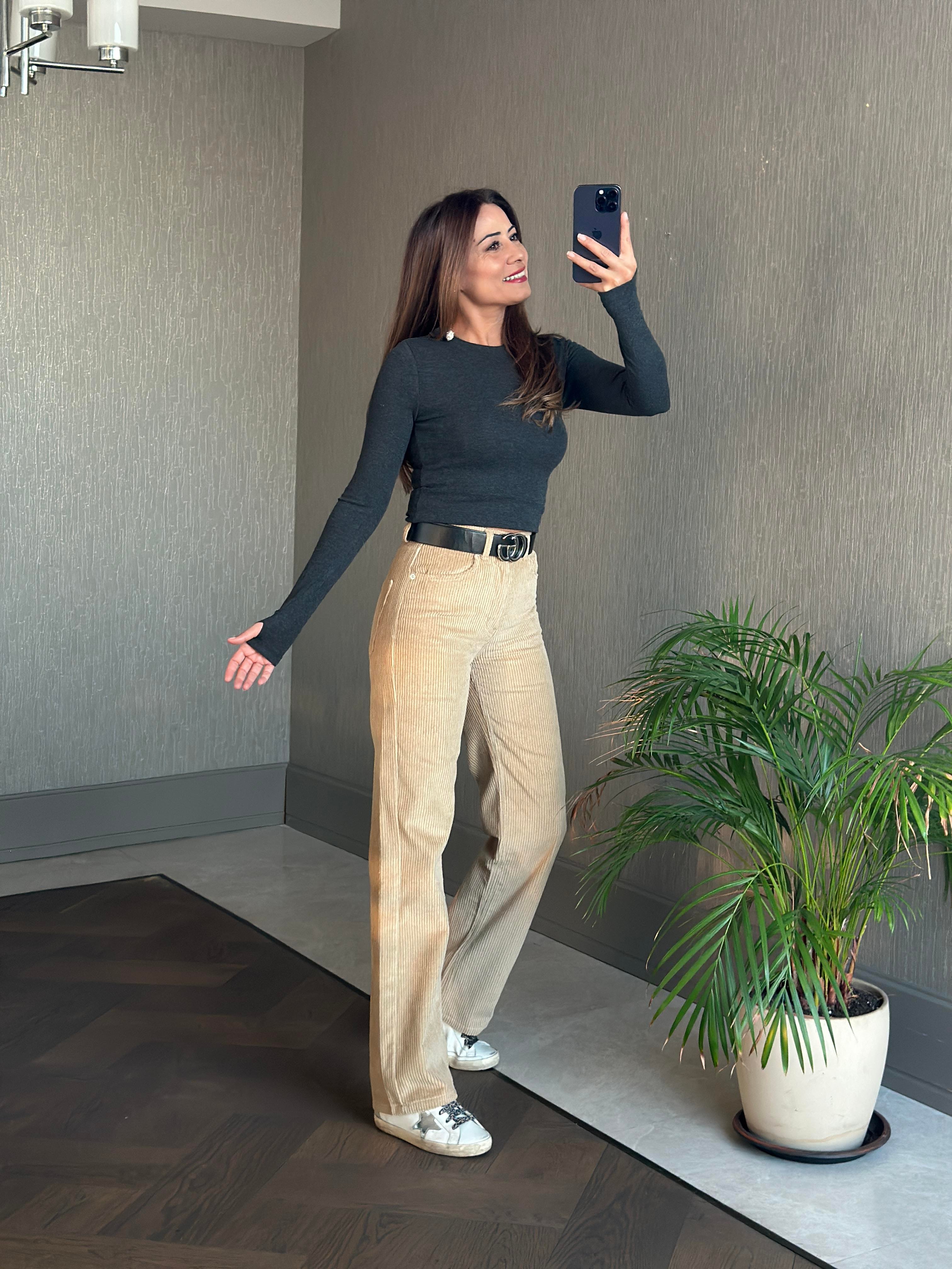 Bej Marka Model Straight Fitilli Kadın Kadife Pantolon