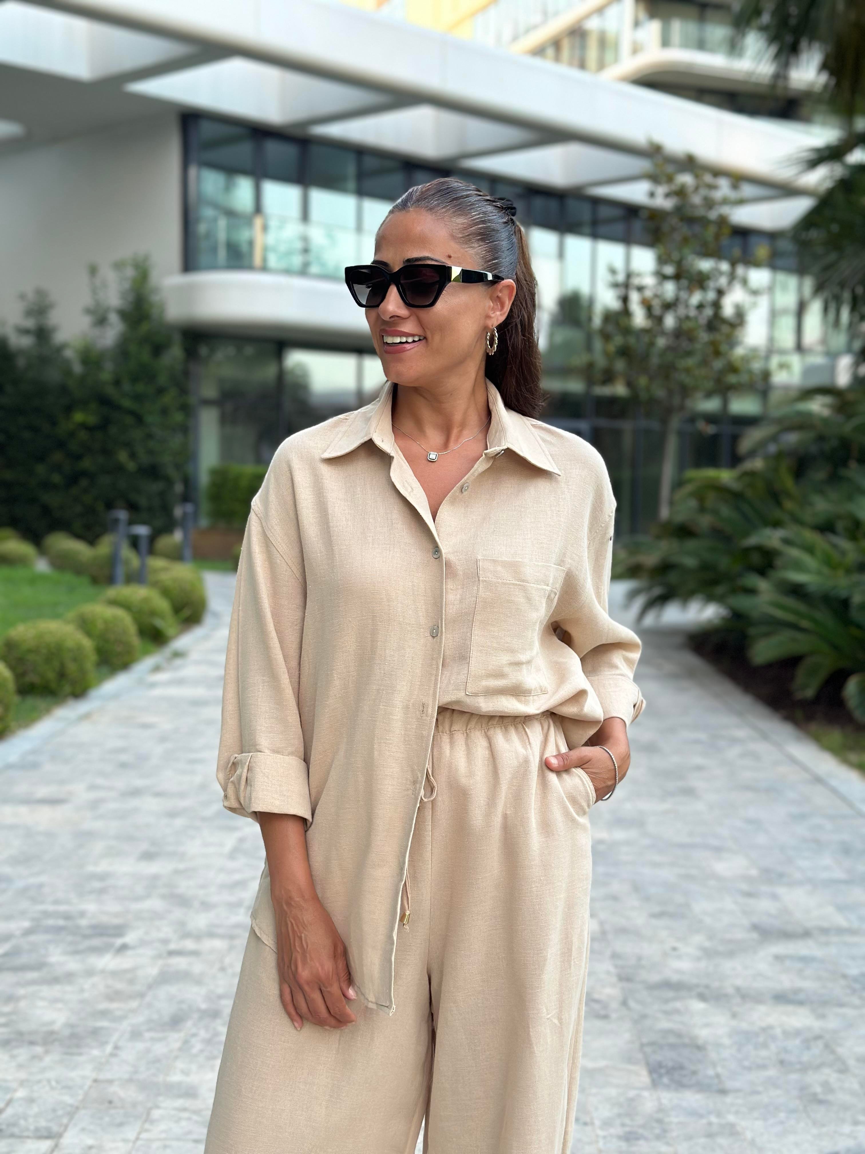 Bej Oysh Model Gömlek Palazzo Pantolon Keten Kadın Alt Üst Takım