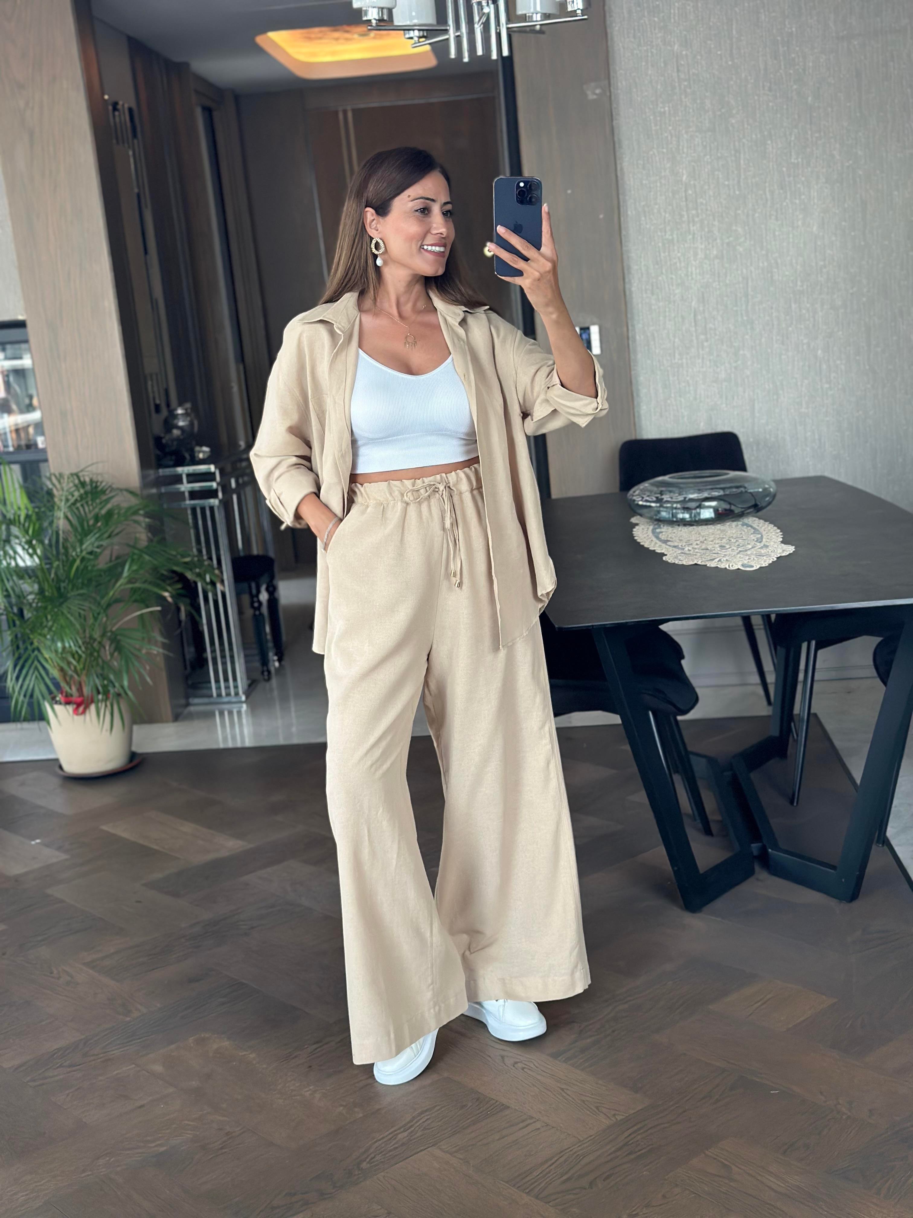 Bej Oysh Model Gömlek Palazzo Pantolon Keten Kadın Alt Üst Takım