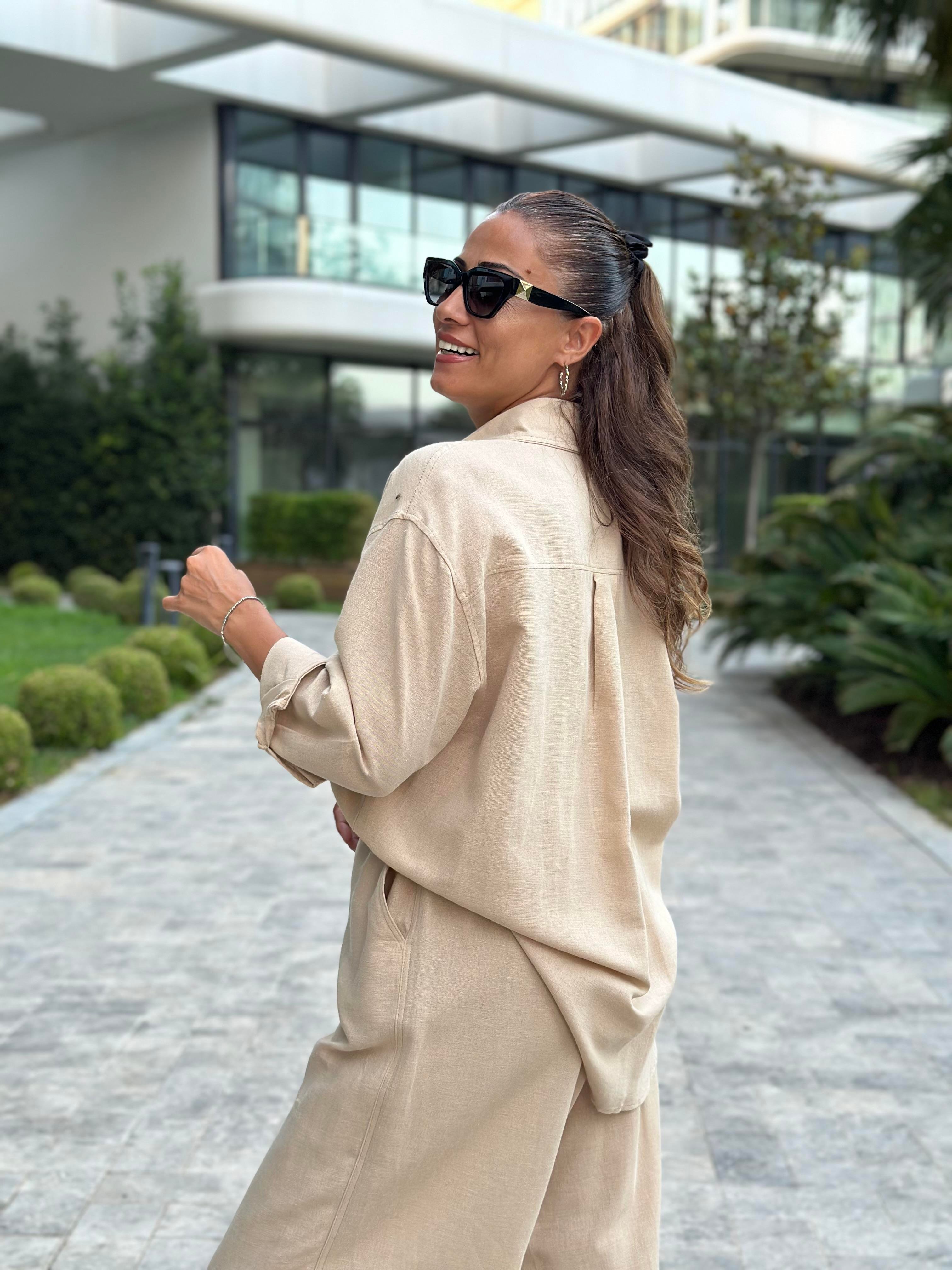 Bej Oysh Model Gömlek Palazzo Pantolon Keten Kadın Alt Üst Takım
