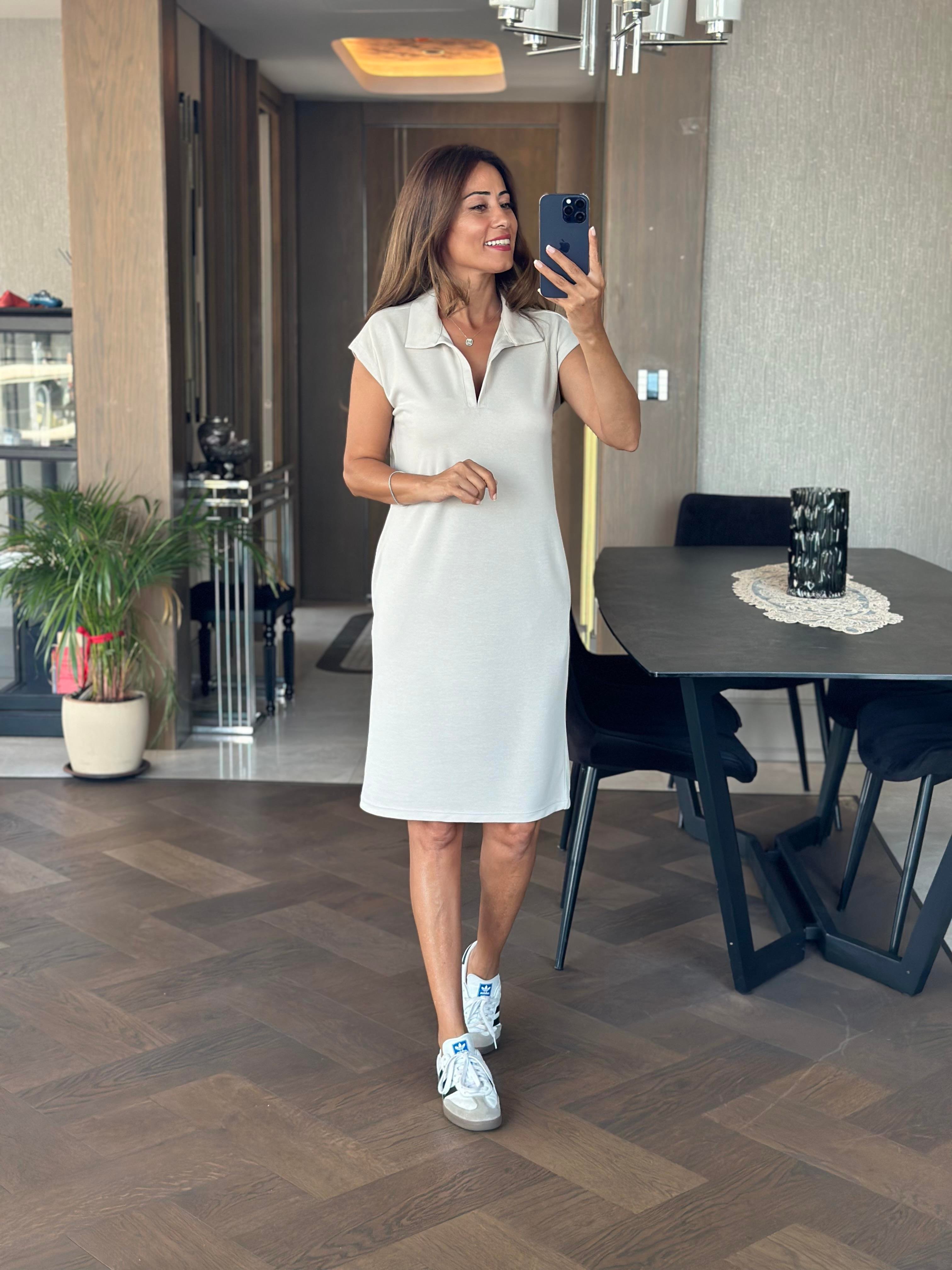 Bej Oysh Polo Yaka Sıfır Kol Modal Midi Boy Kadın Elbise 