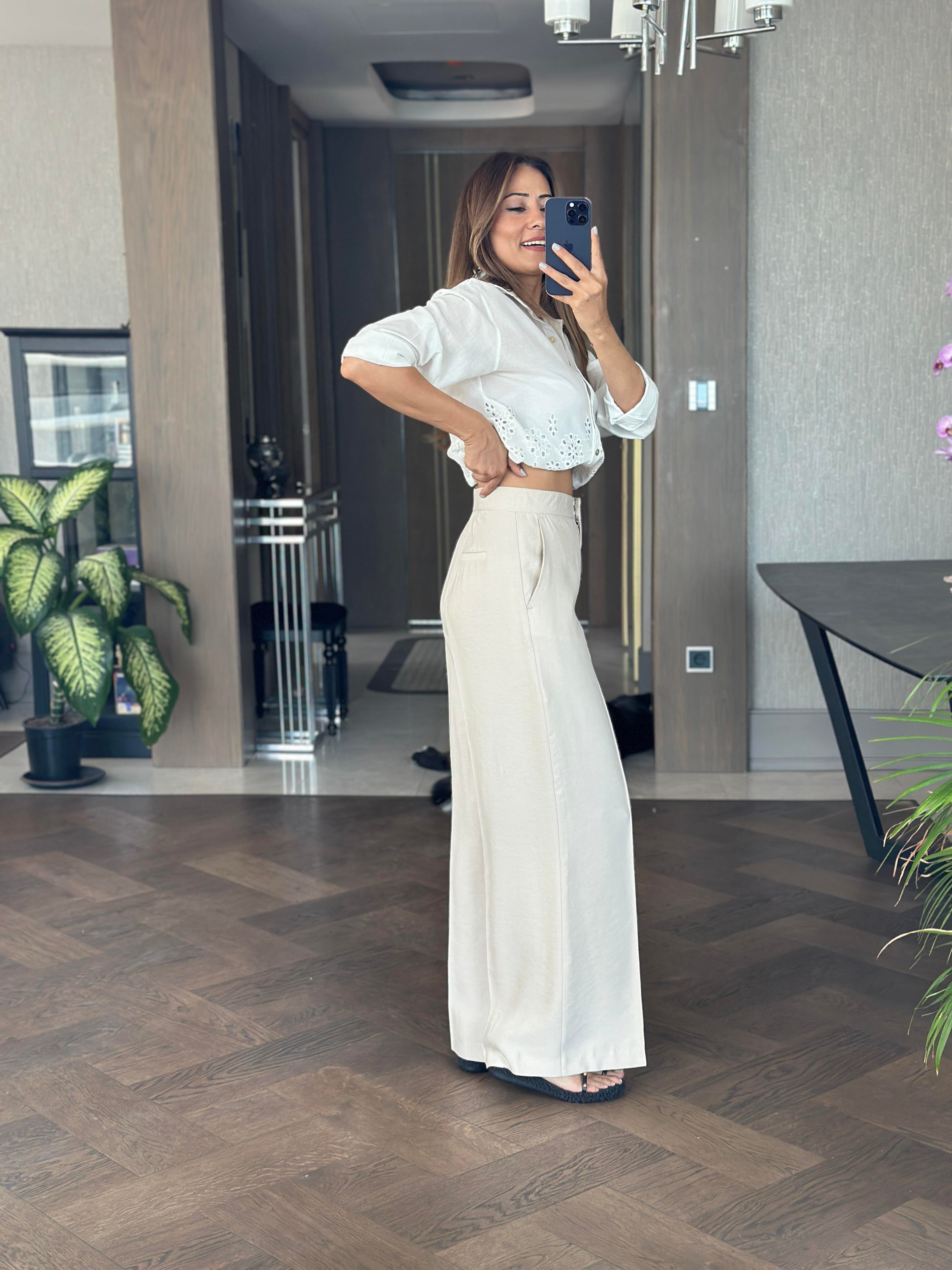 Bej Premium Çift Kancalı Kadın Palazzo Pantolon