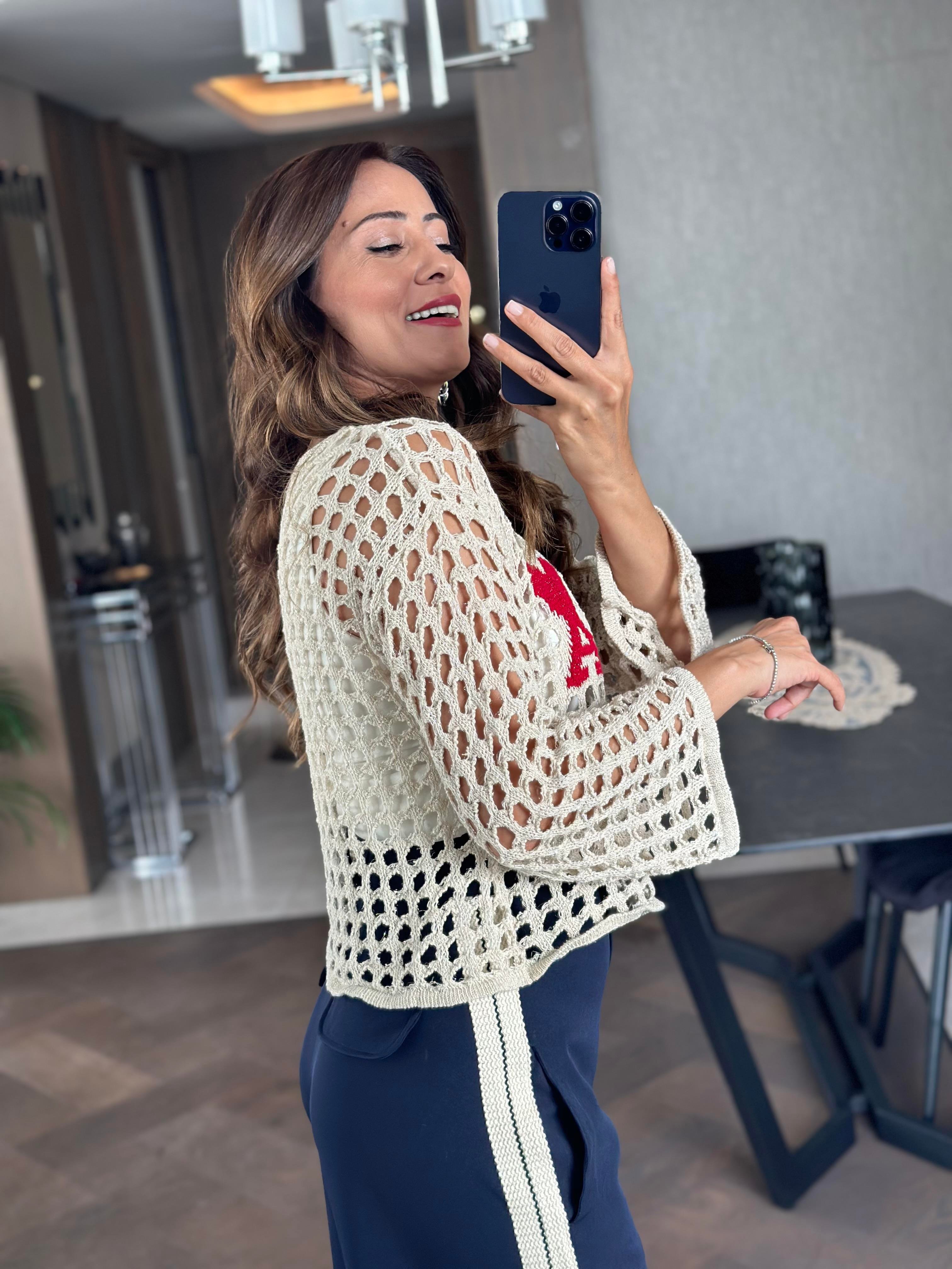 Bej Simli Kalp Detay File Triko Kadın Crop Bluz