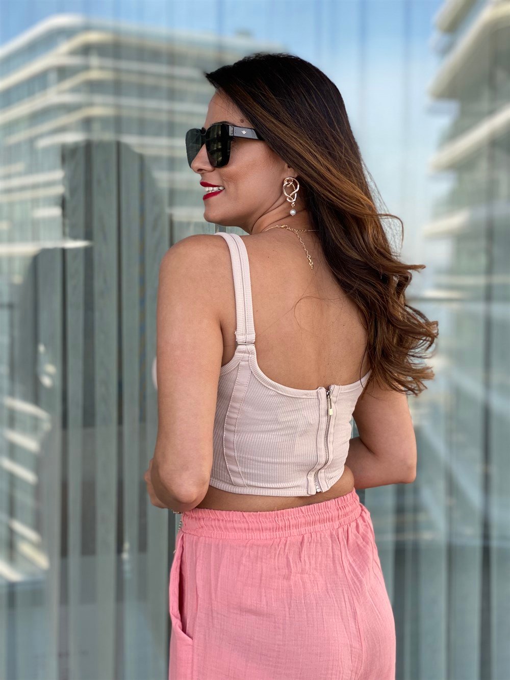 Bej Sırt Fermuarlı Korse Top