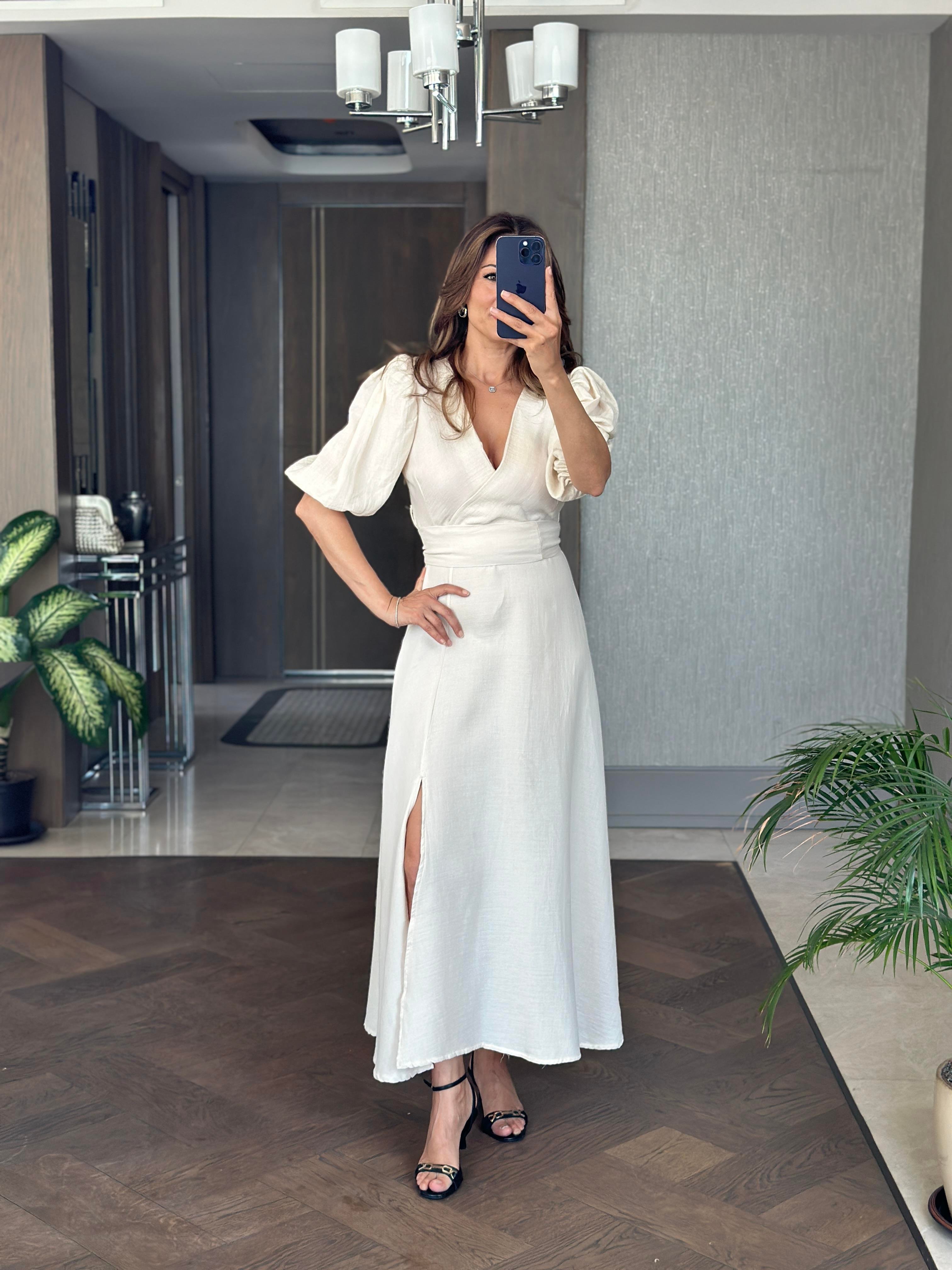 Bej Tek Yırtmaçlı Vatkalı Müslin Kumaş Kadın Maksi Boy Elbise 