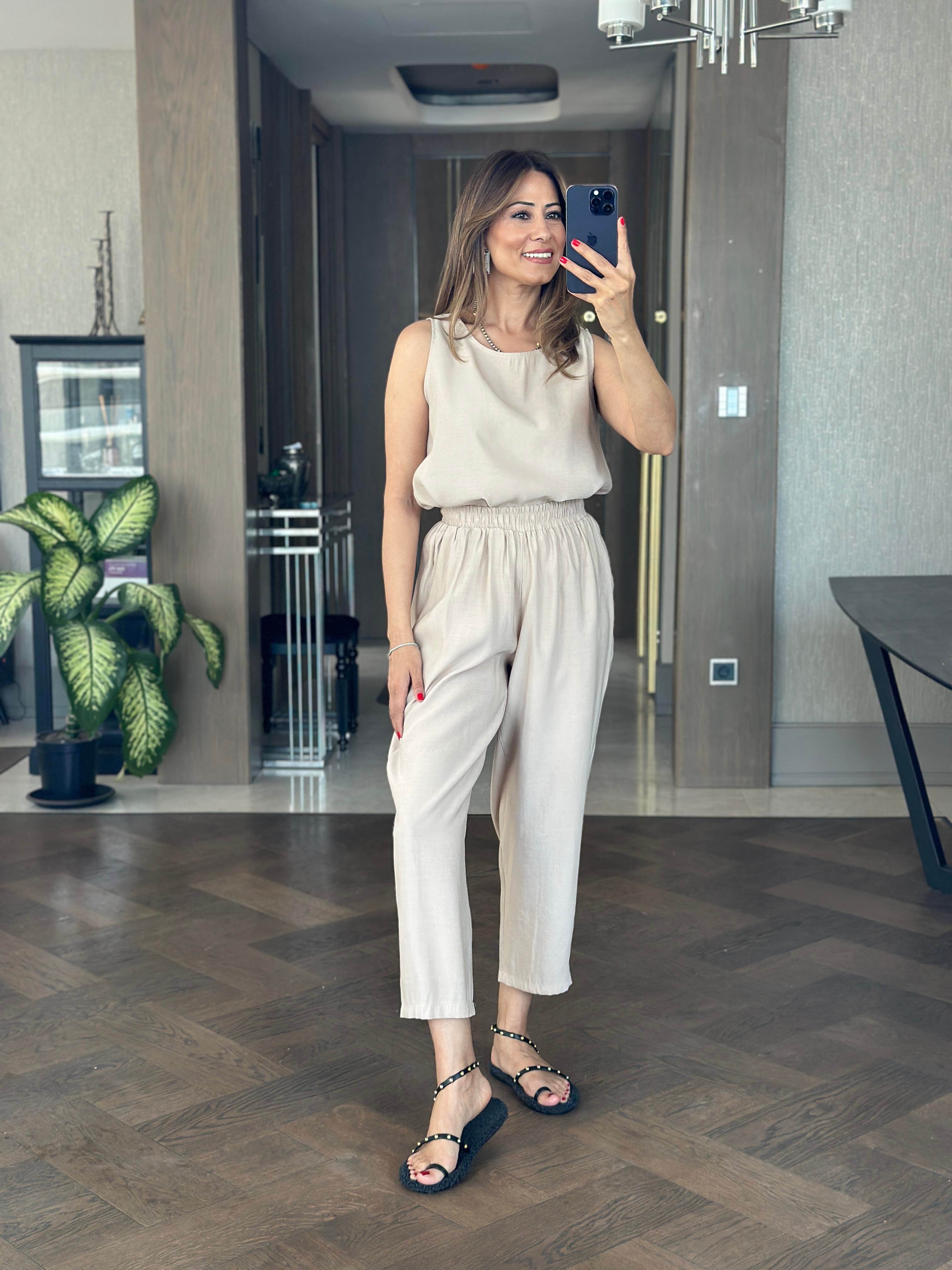 Bej Tnsl Sıfır Kol Bluz Pantolon Alt Üst Takım