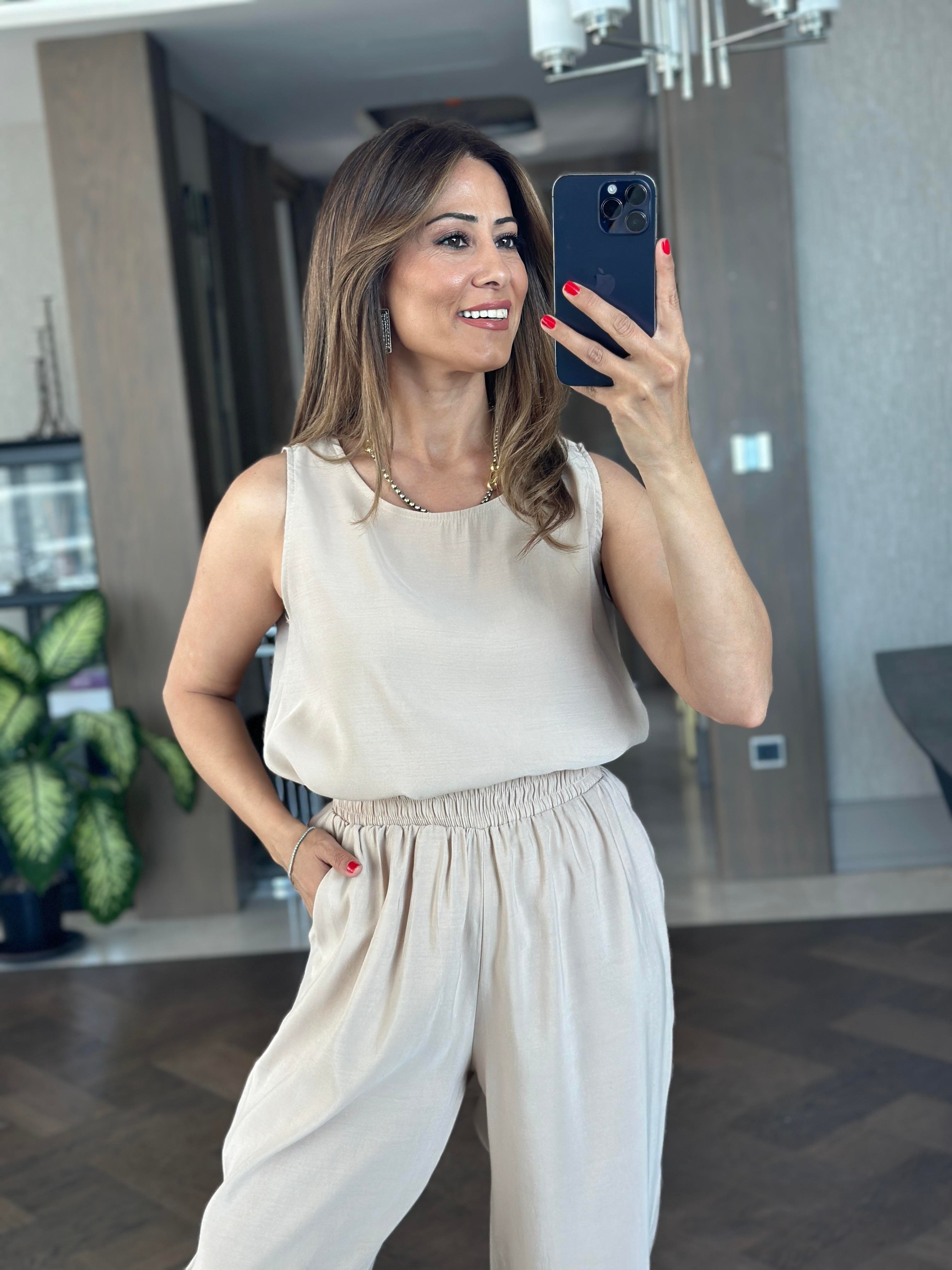 Bej Tnsl Sıfır Kol Bluz Pantolon Alt Üst Takım