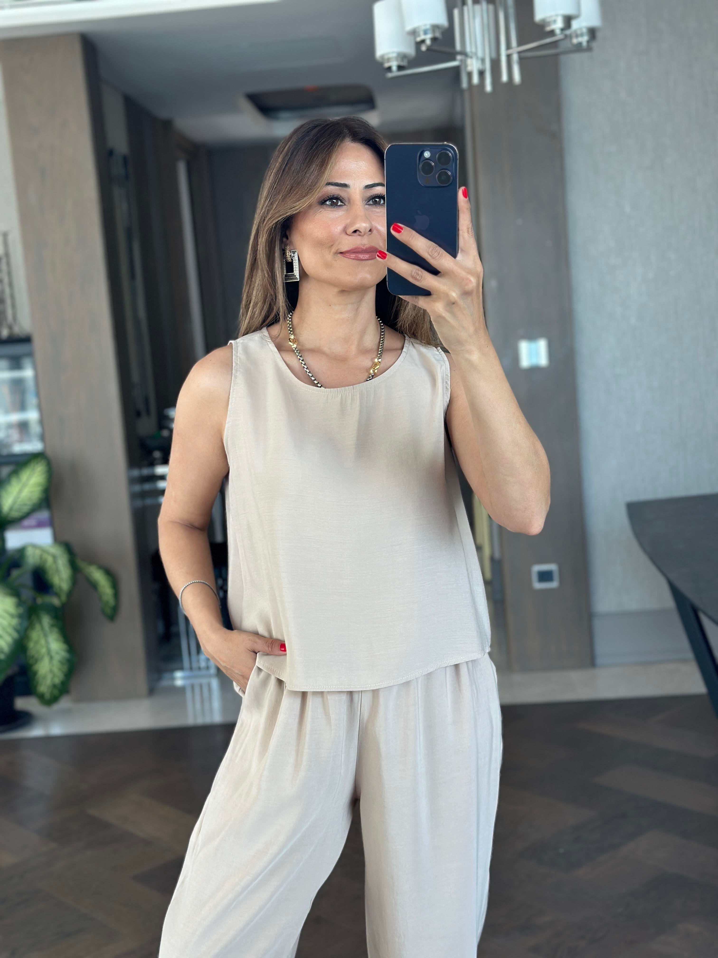 Bej Tnsl Sıfır Kol Bluz Pantolon Alt Üst Takım