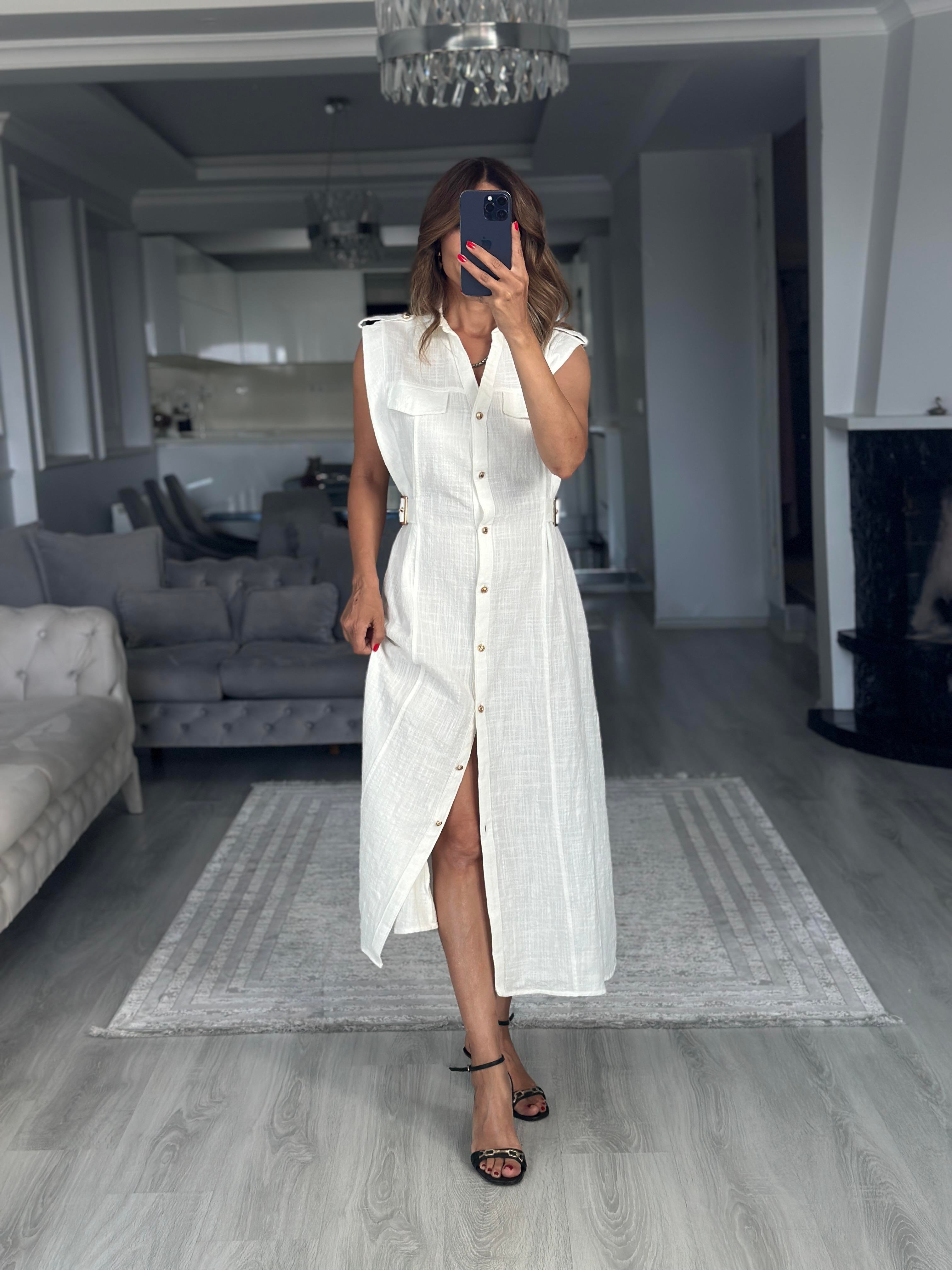 Beyaz Apoletli Sıfır Kol Midi Boy Kadın Gömlek Elbise