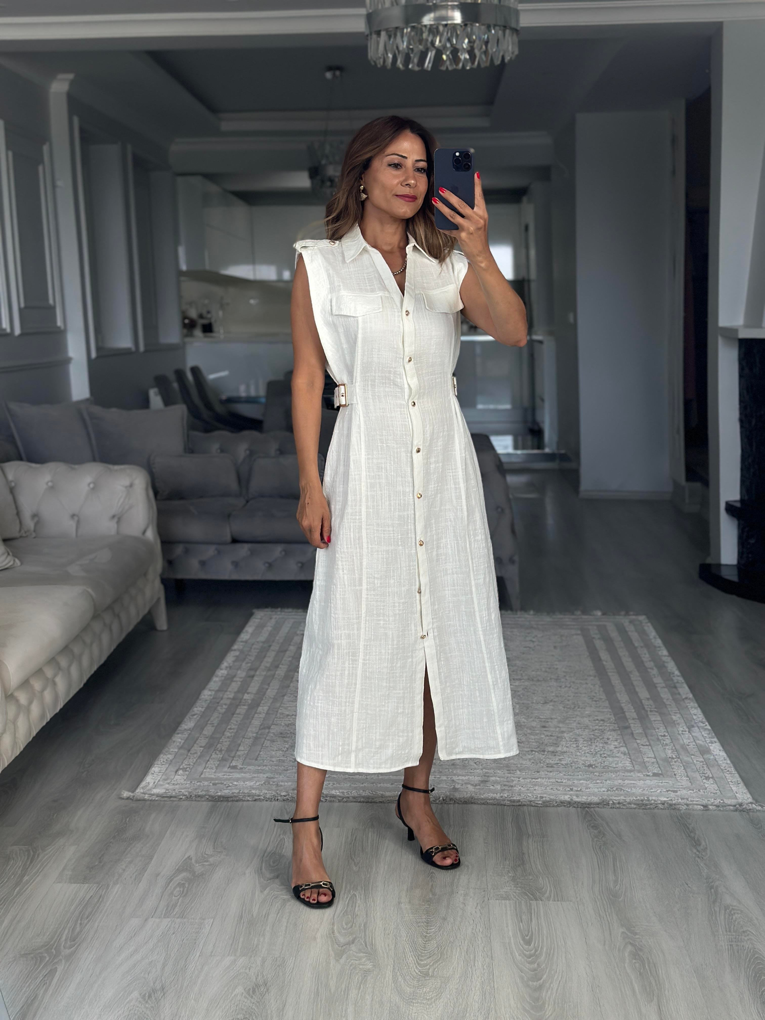 Beyaz Apoletli Sıfır Kol Midi Boy Kadın Gömlek Elbise