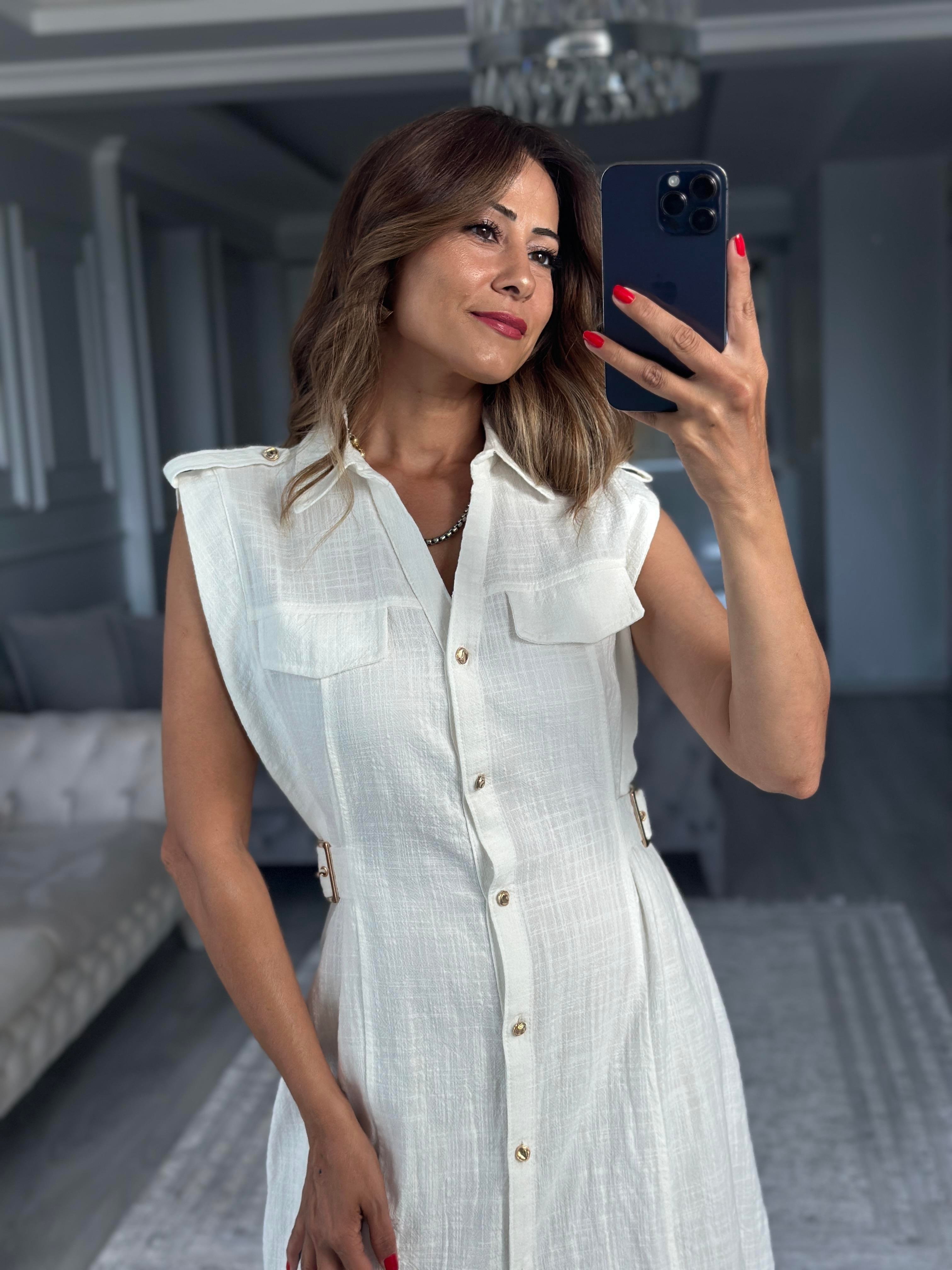 Beyaz Apoletli Sıfır Kol Midi Boy Kadın Gömlek Elbise