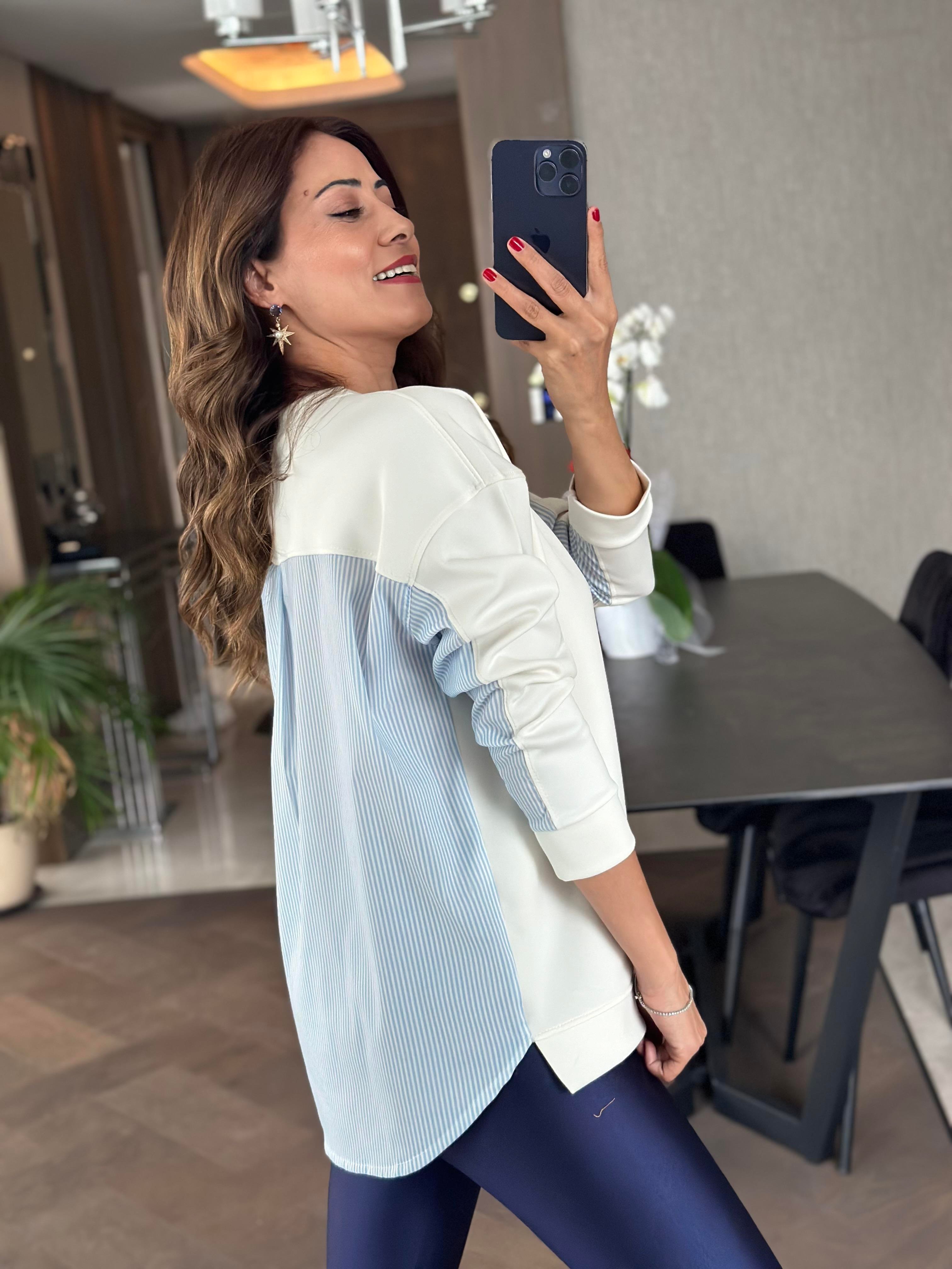 Beyaz Arkası Çizgili Bisiklet Yaka Kadın Sweatshirt