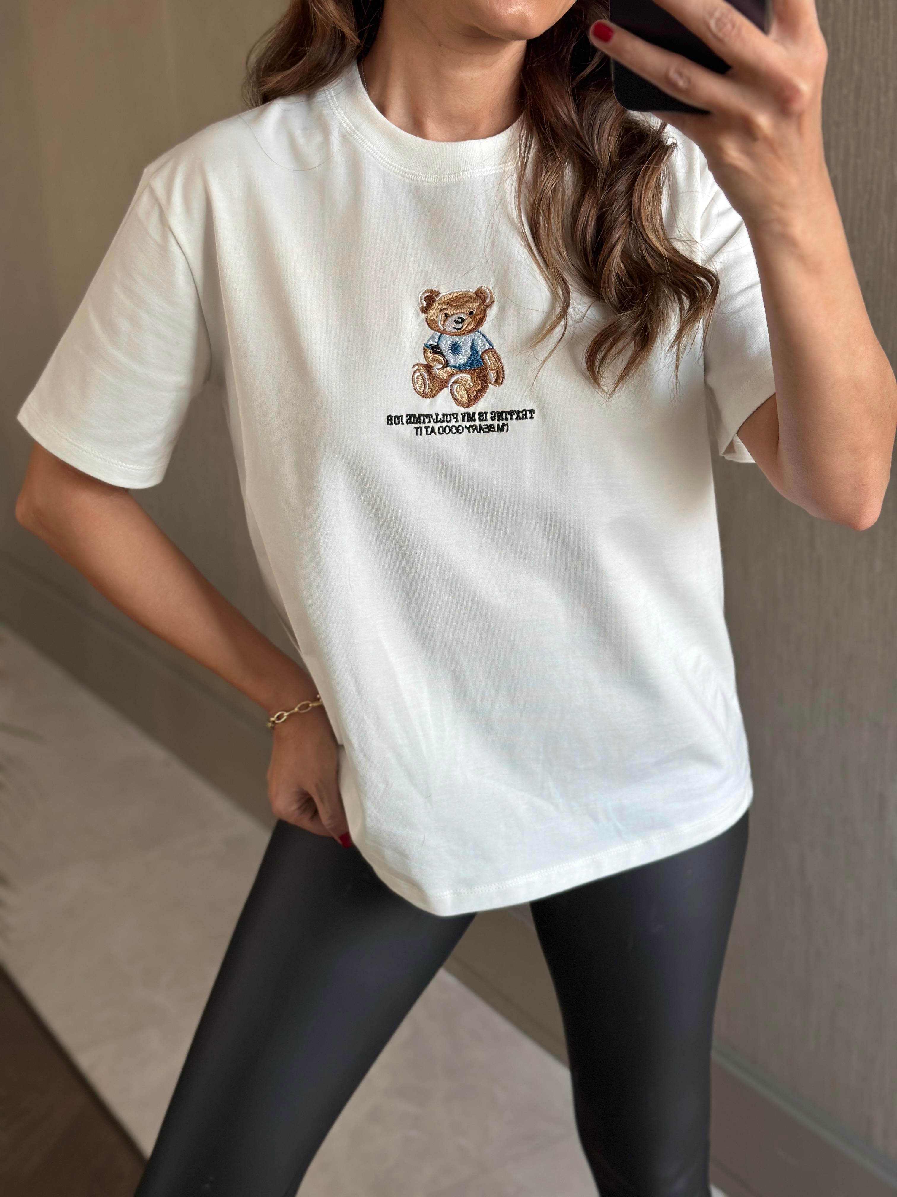 Beyaz Ayıcık Nakışlı Bisiklet Yaka Kadın T-Shirt