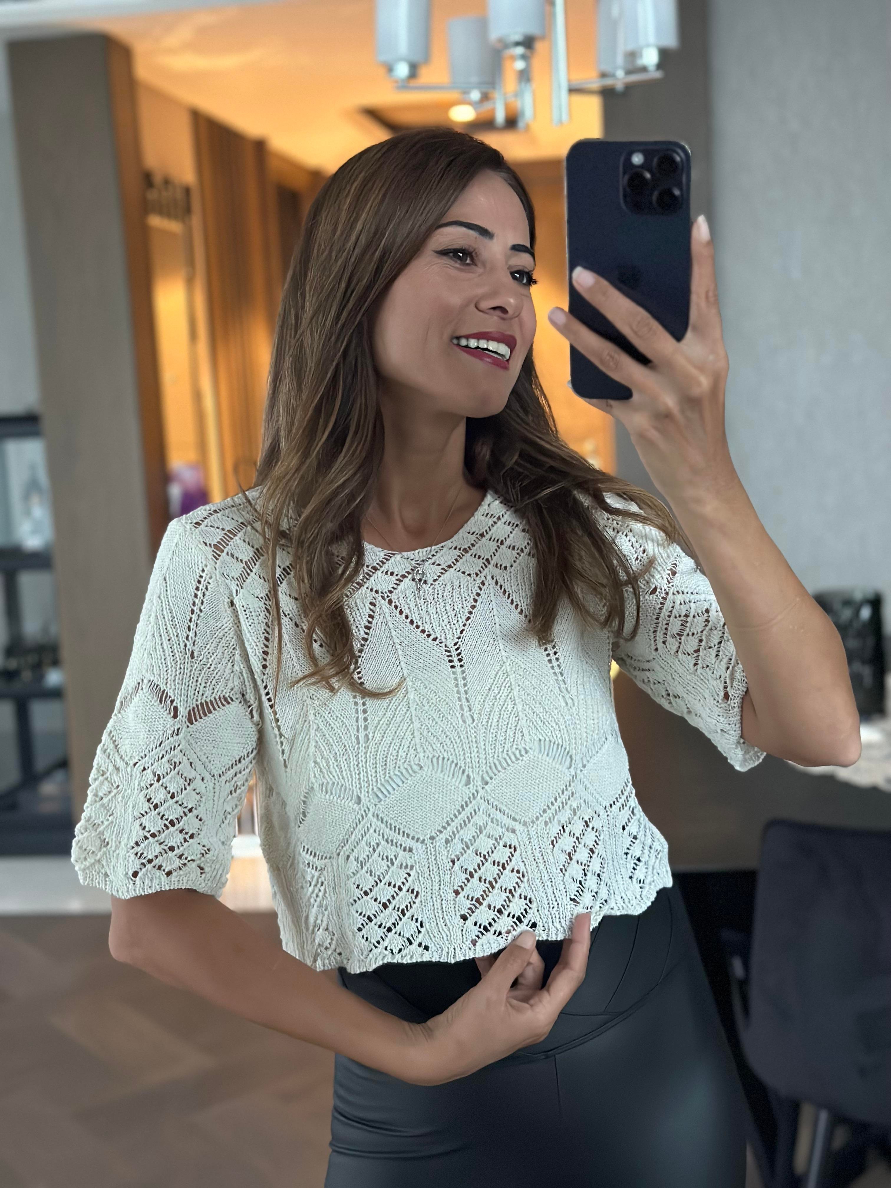 Beyaz Bisiklet Yaka Kısa Kol Triko Ajurlu Kadın Crop Bluz
