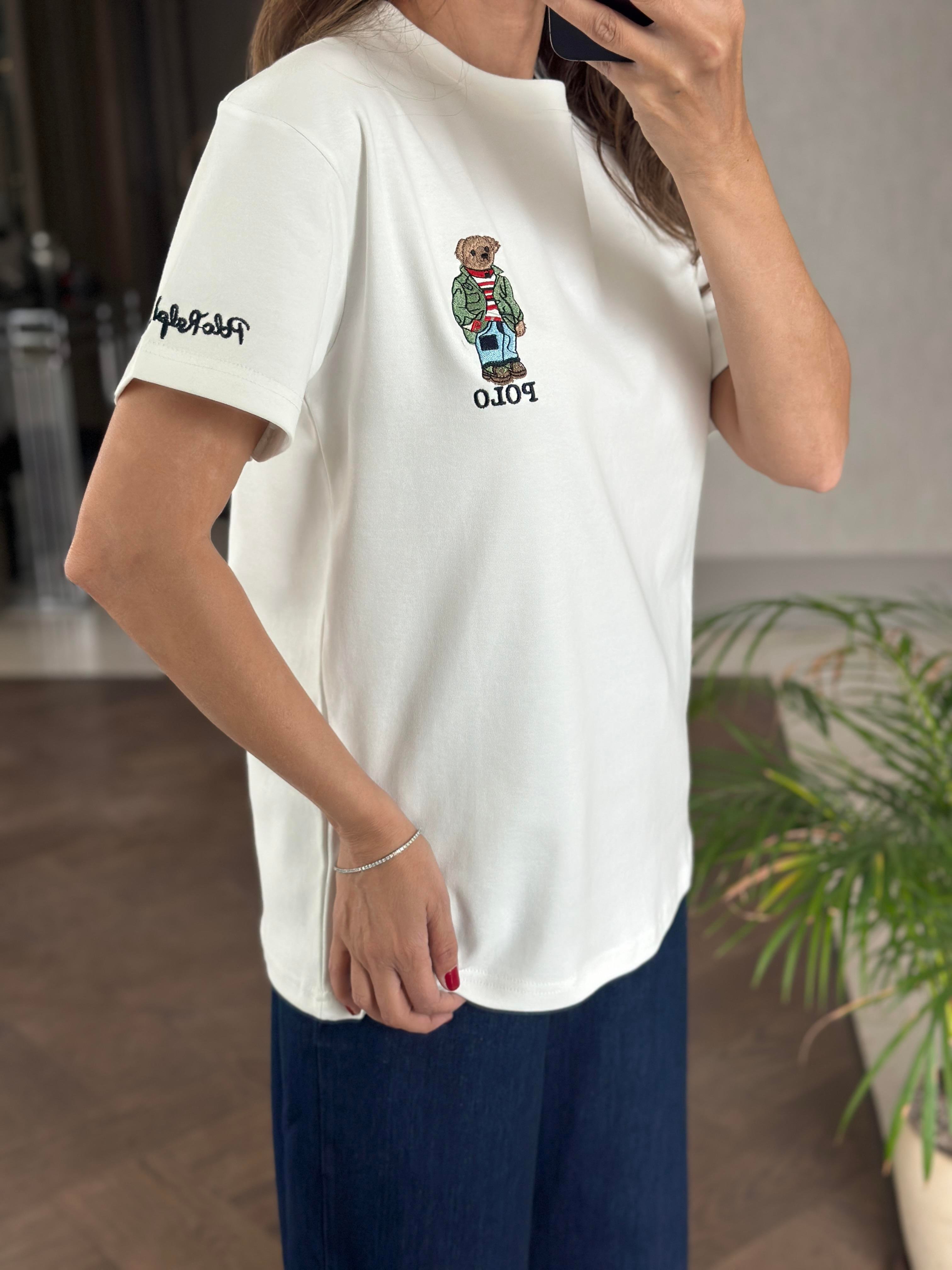 Beyaz Bisiklet Yaka Kol Ucu Yazı Nakışlı  Ayıcık RL Kadın T-Shirt 