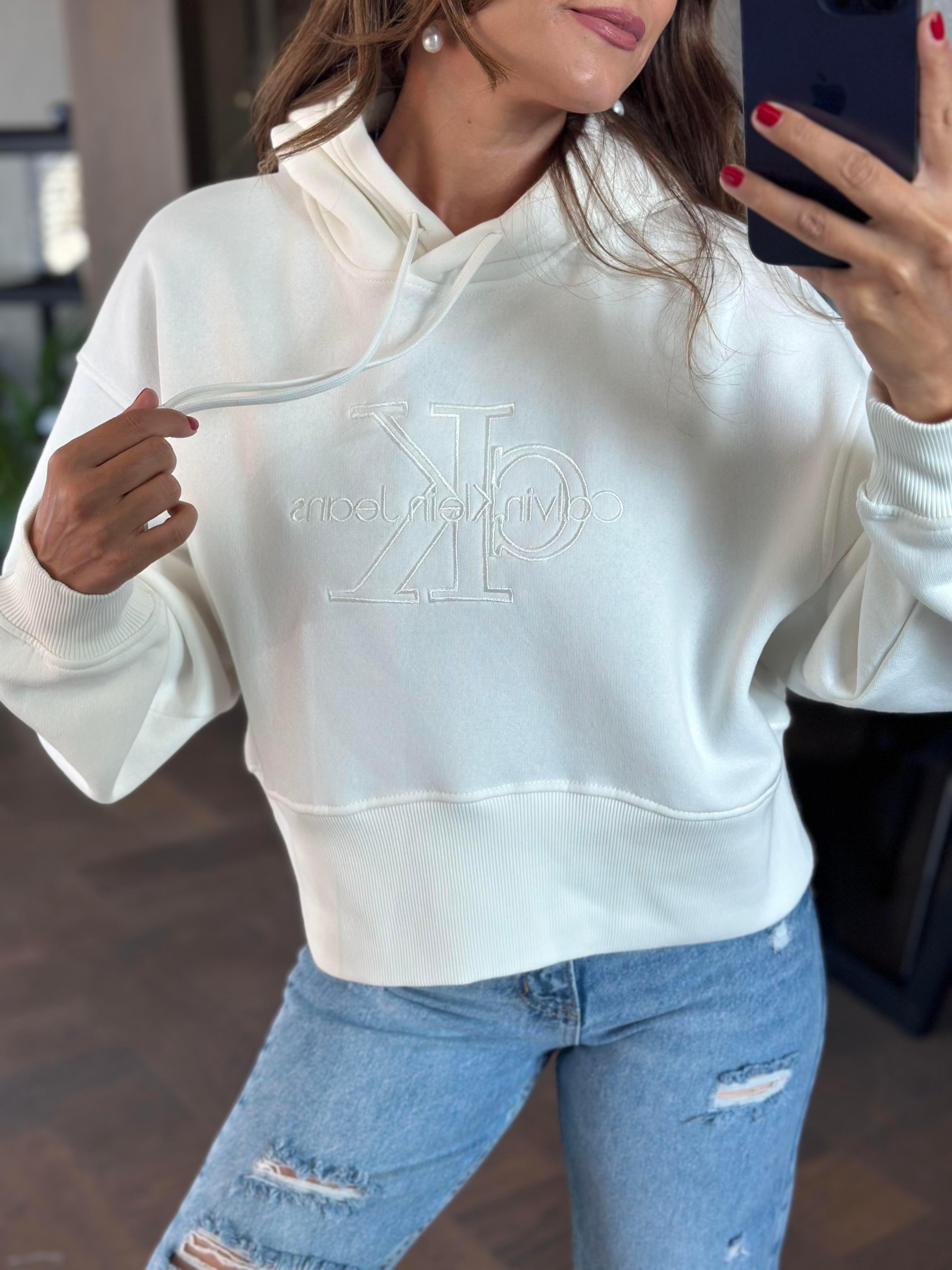 Beyaz Ck Model Kapüşonlu Kadın Sweatshirt