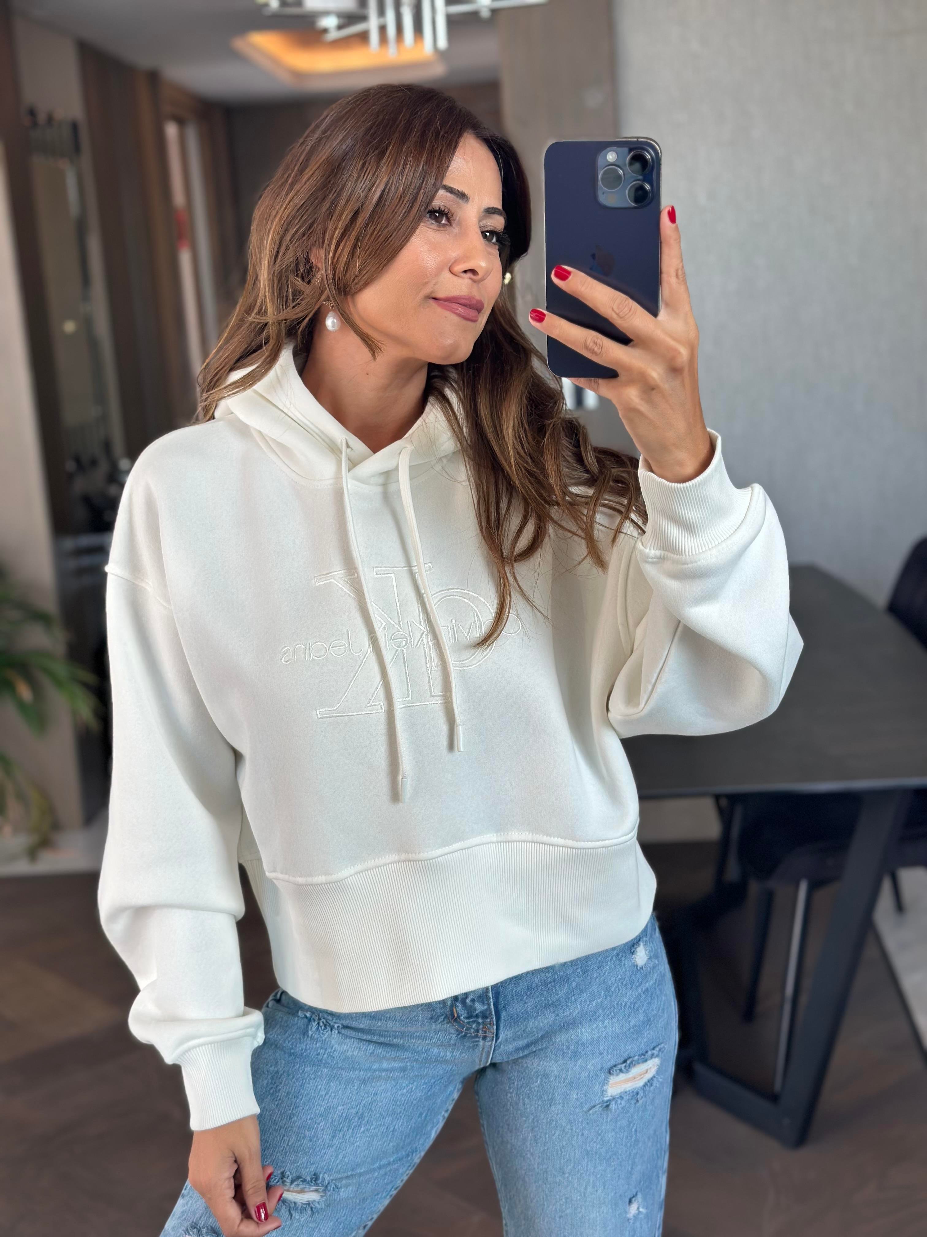Beyaz Ck Model Kapüşonlu Kadın Sweatshirt