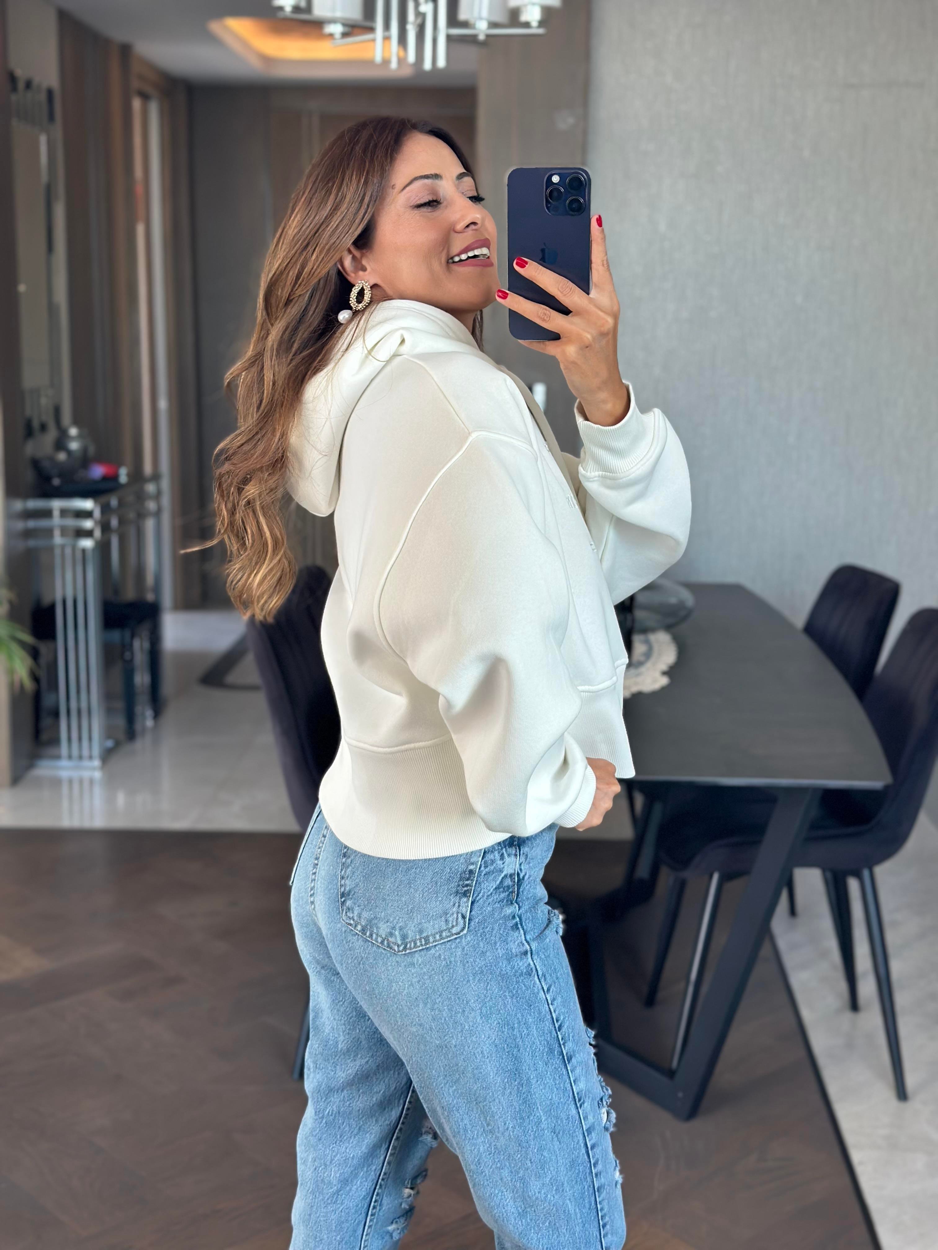 Beyaz Ck Model Kapüşonlu Kadın Sweatshirt