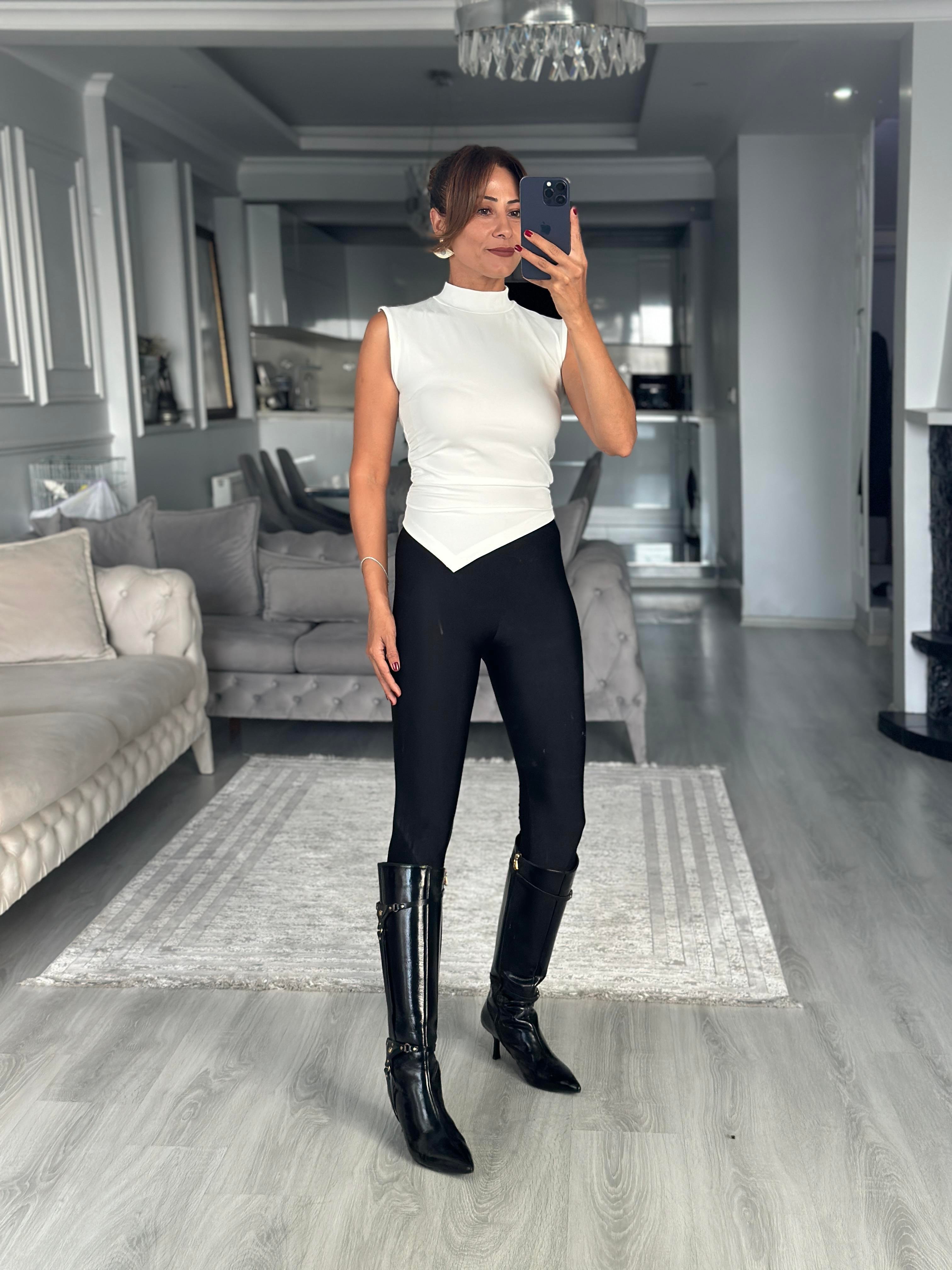 Beyaz Dik Yaka Sıfır Kol Eteği Asimetrik Kadın Bluz