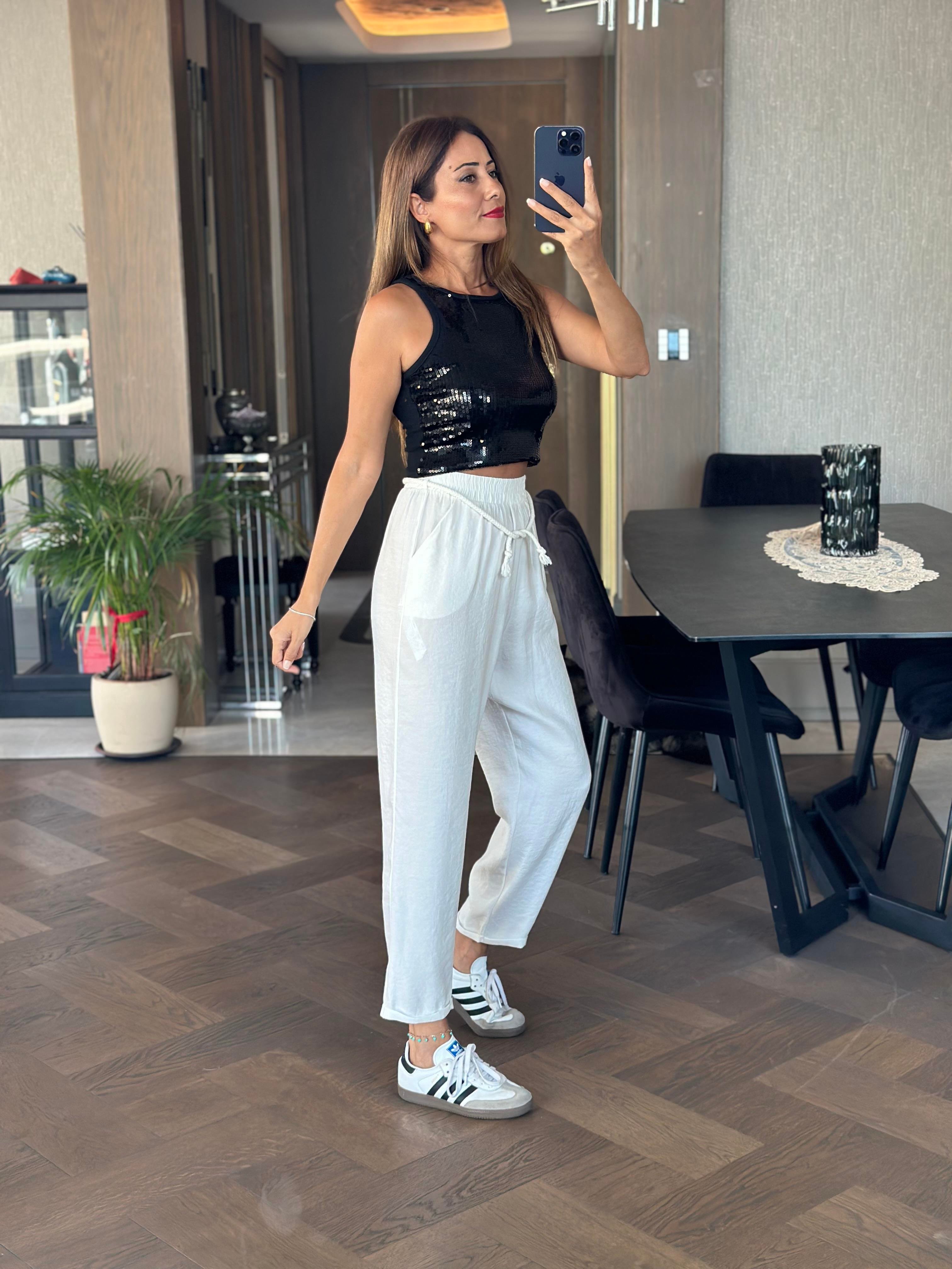 Beyaz Duble Paça Örgü Kemerli Tnsel Kadın Pantolon