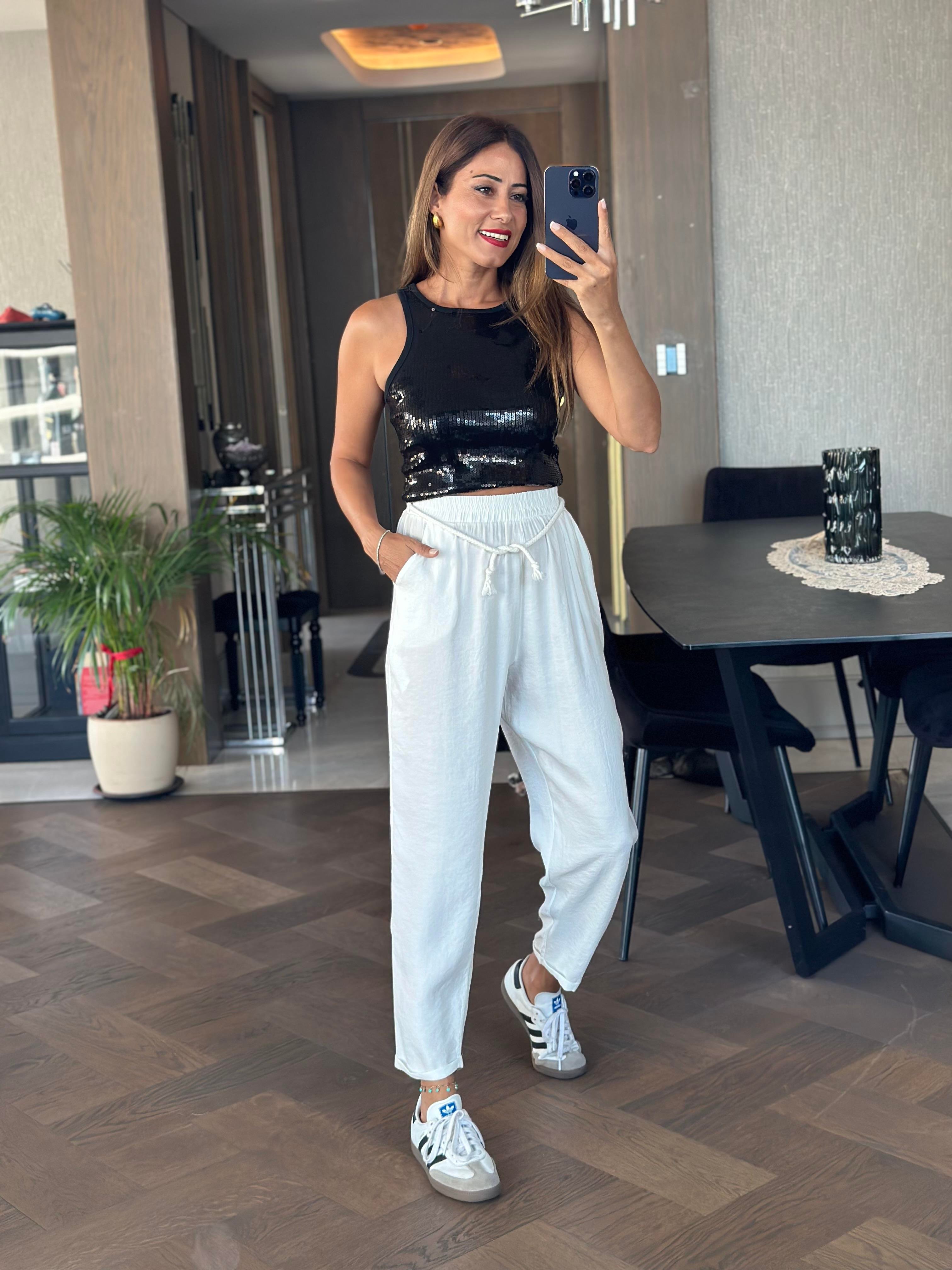 Beyaz Duble Paça Örgü Kemerli Tnsel Kadın Pantolon