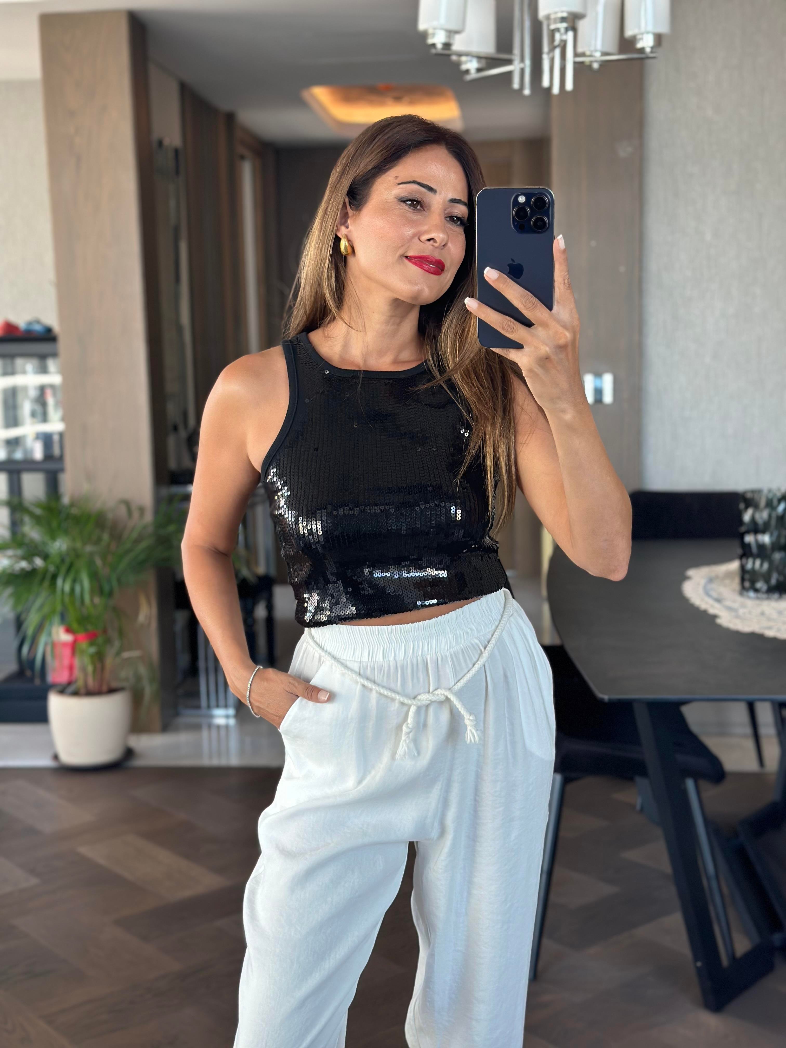 Beyaz Duble Paça Örgü Kemerli Tnsel Kadın Pantolon