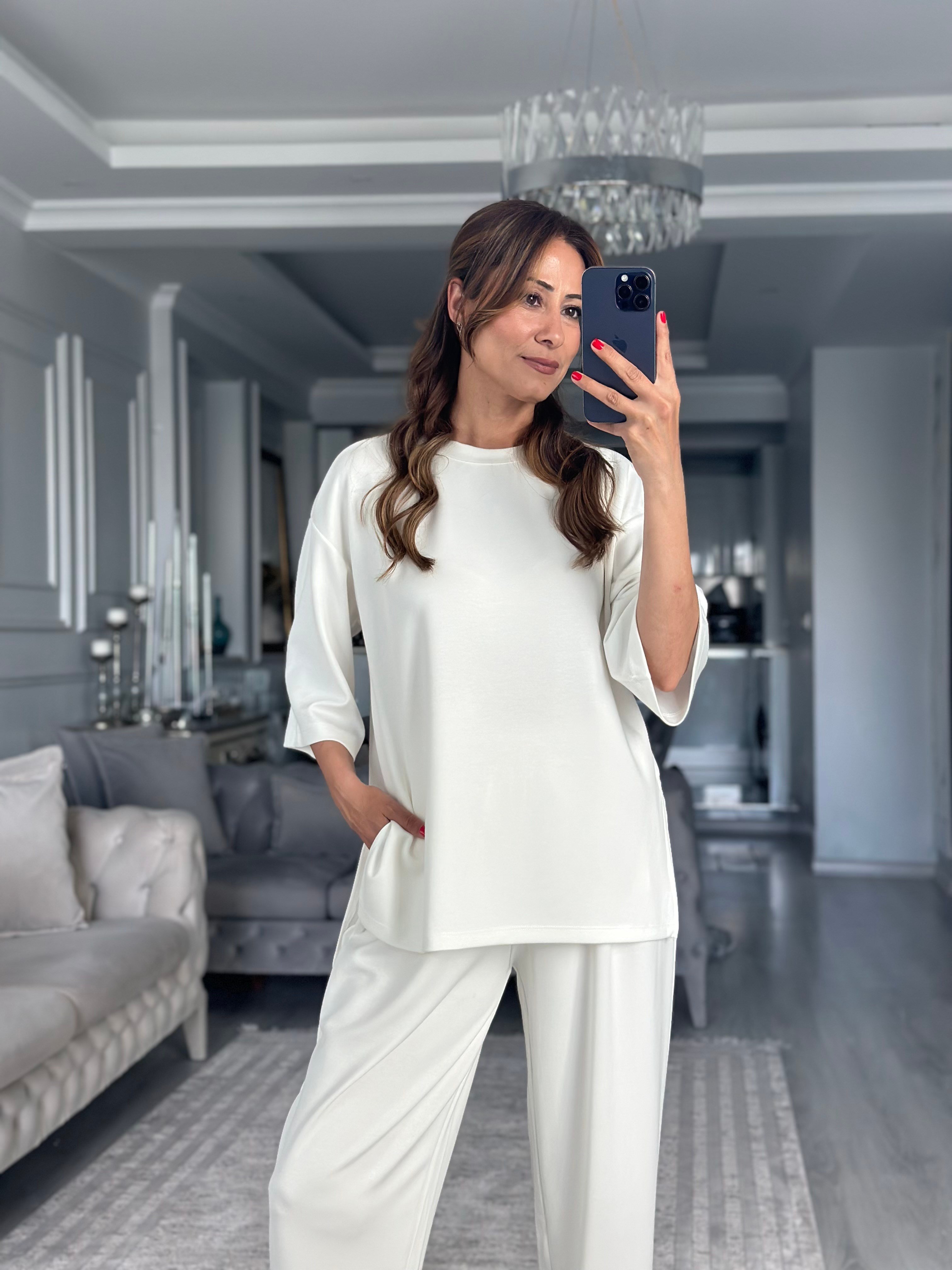 Beyaz Fakir Kol Yırtmaçlı Oversize Modal Kadın İkili Takım