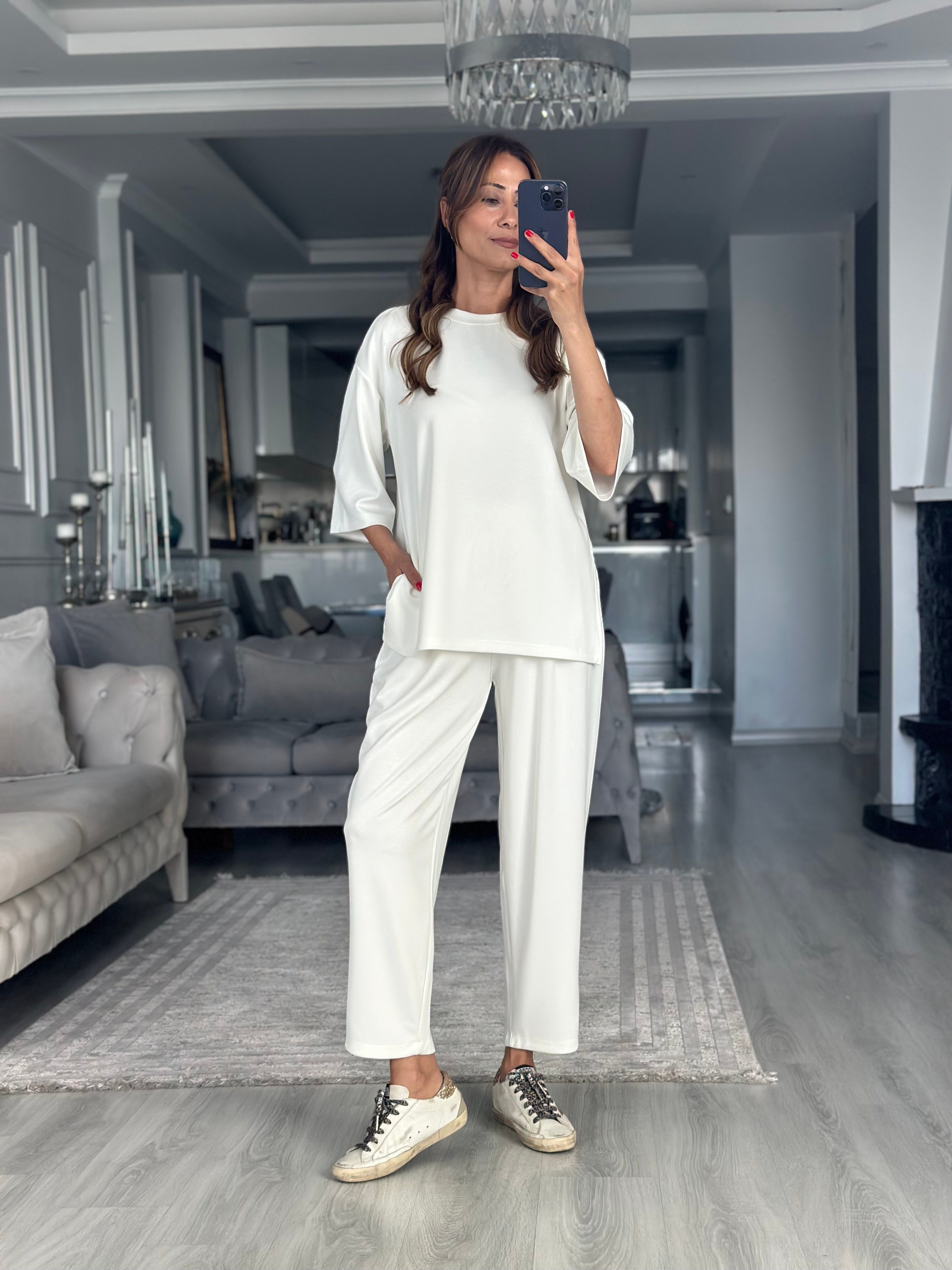 Beyaz Fakir Kol Yırtmaçlı Oversize Modal Kadın İkili Takım