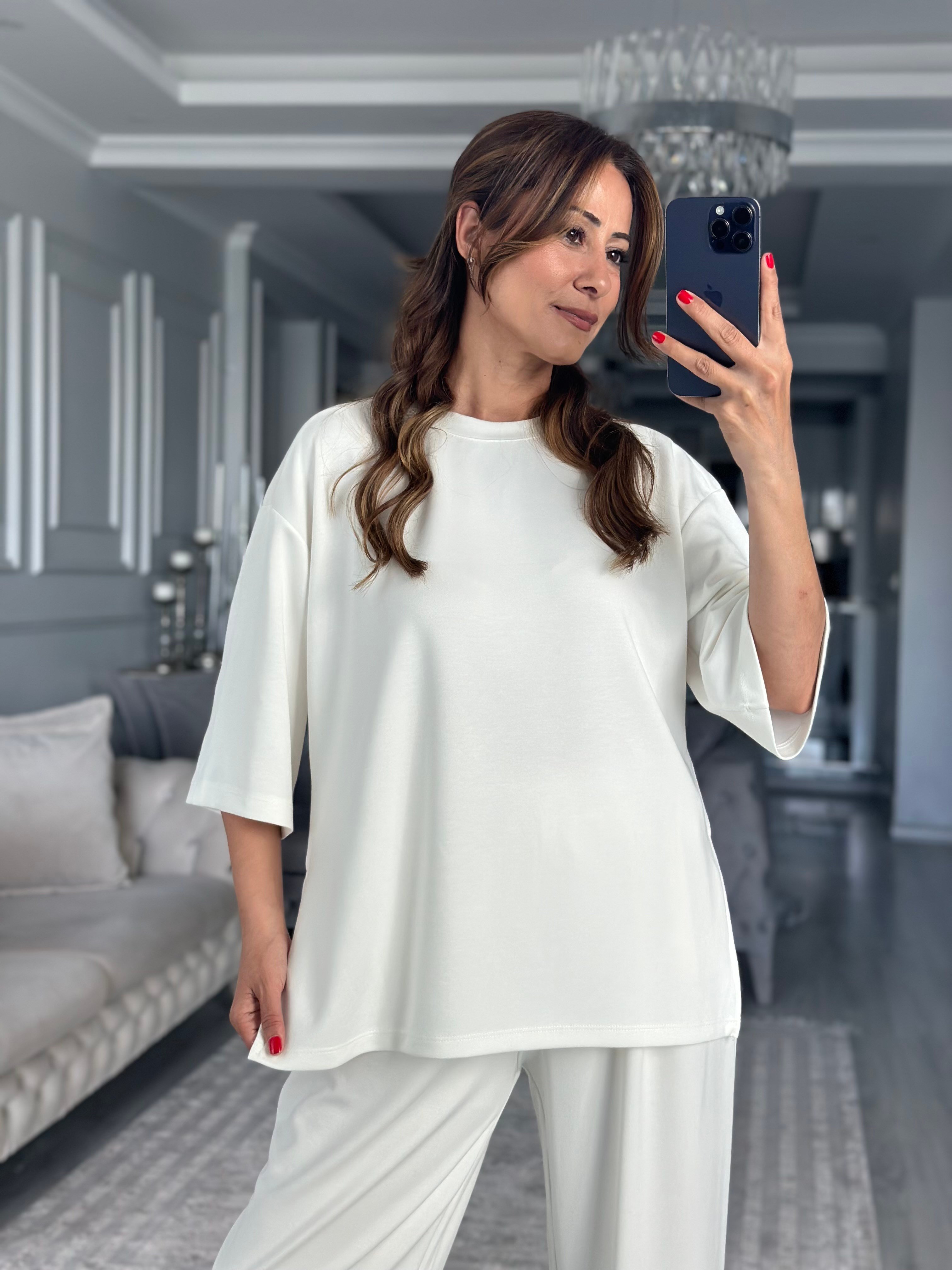 Beyaz Fakir Kol Yırtmaçlı Oversize Modal Kadın İkili Takım