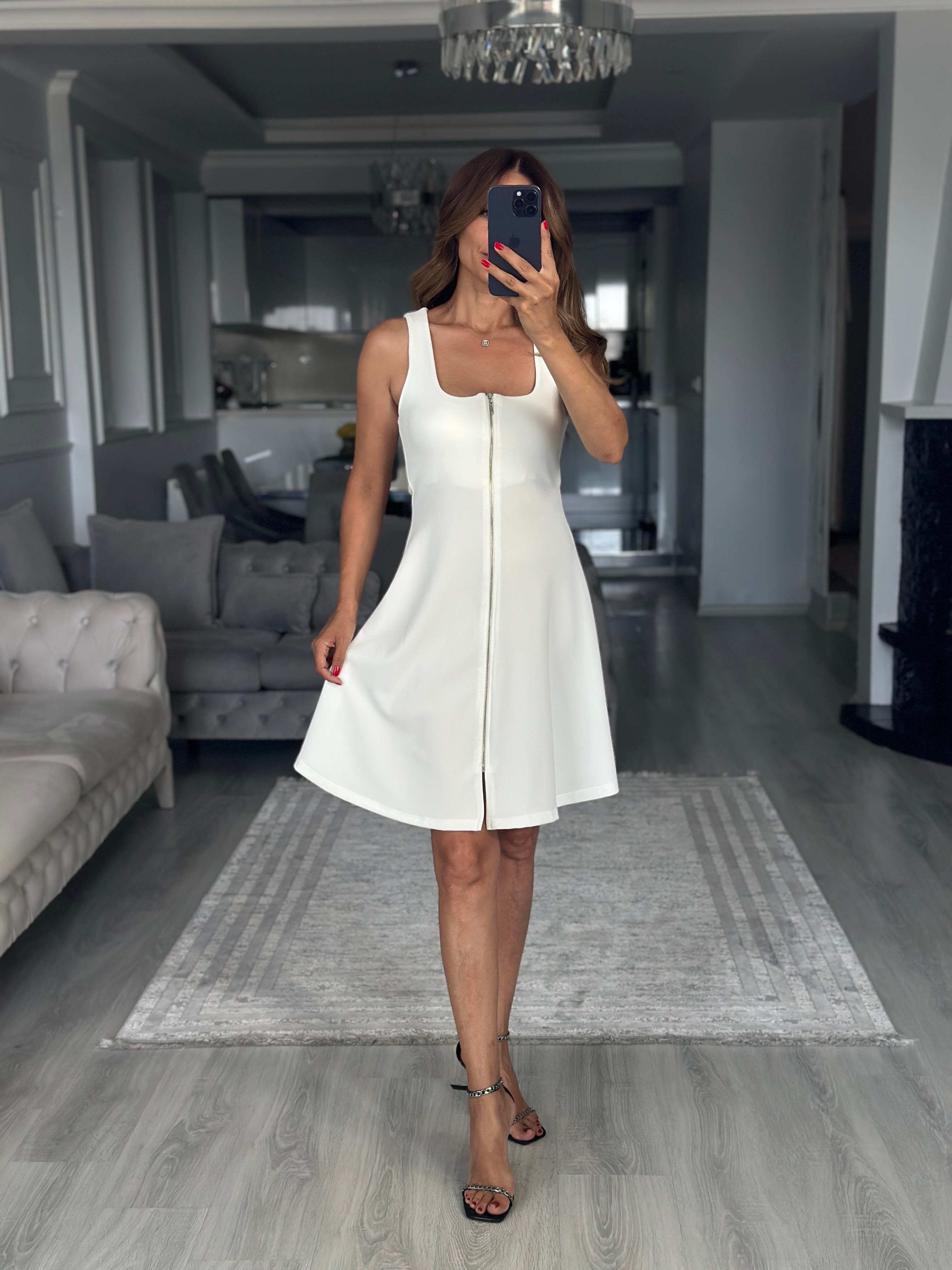 Beyaz Fermuarlı Sıfır Kol Ottoman Kumaş Mini Kadın Elbise