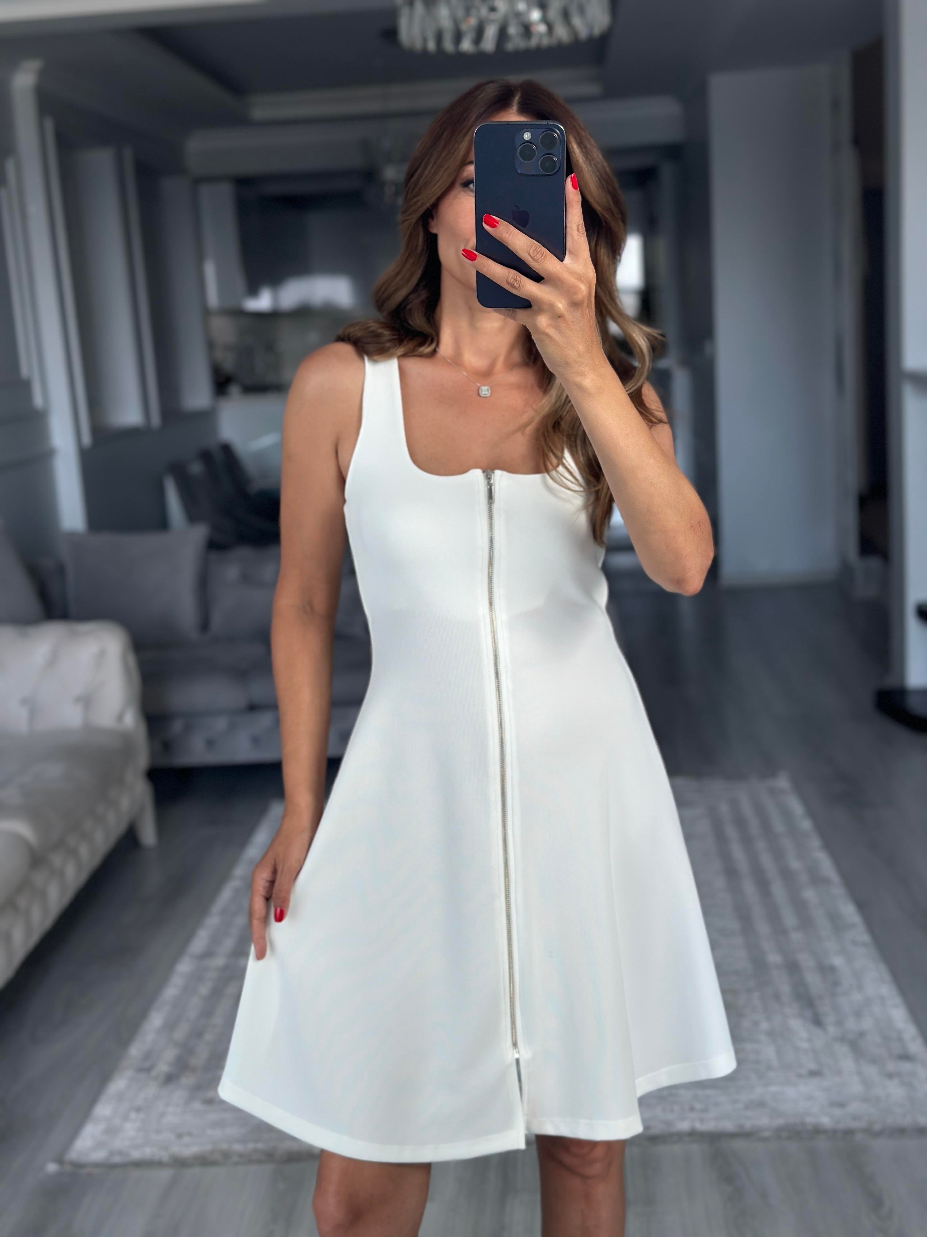 Beyaz Fermuarlı Sıfır Kol Ottoman Kumaş Mini Kadın Elbise