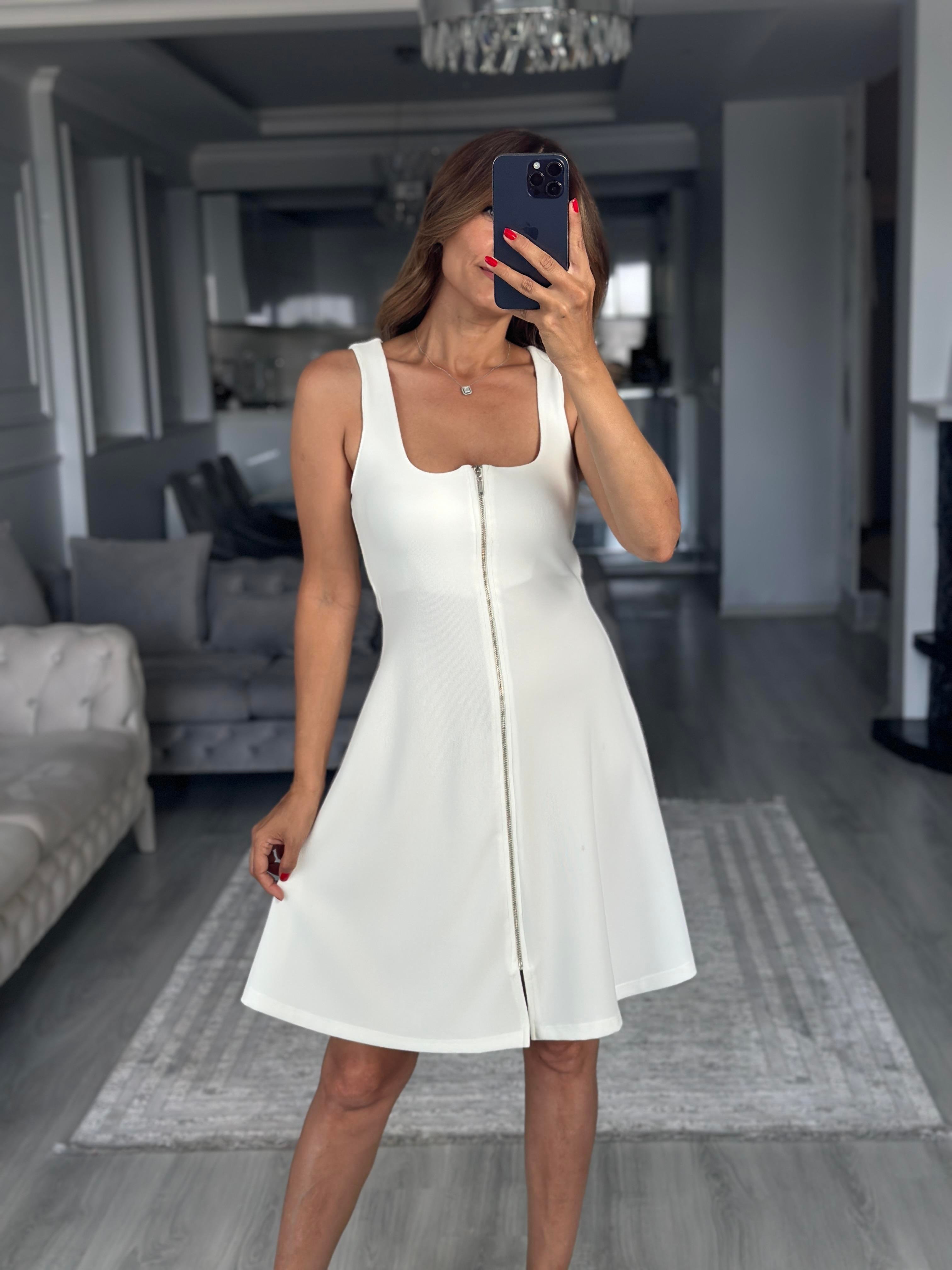 Beyaz Fermuarlı Sıfır Kol Ottoman Kumaş Mini Kadın Elbise