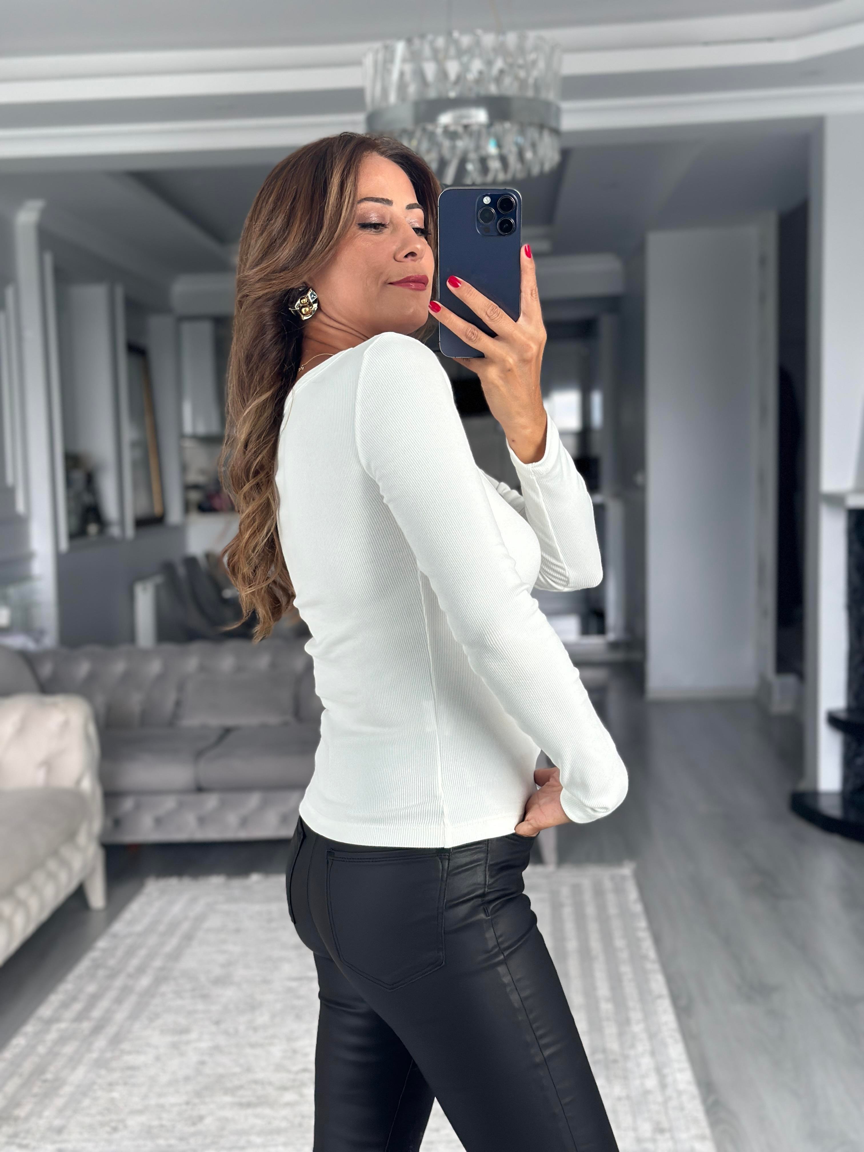 Beyaz Fitilli Kaşkorse Uzun Kol U Yaka Kadın Body
