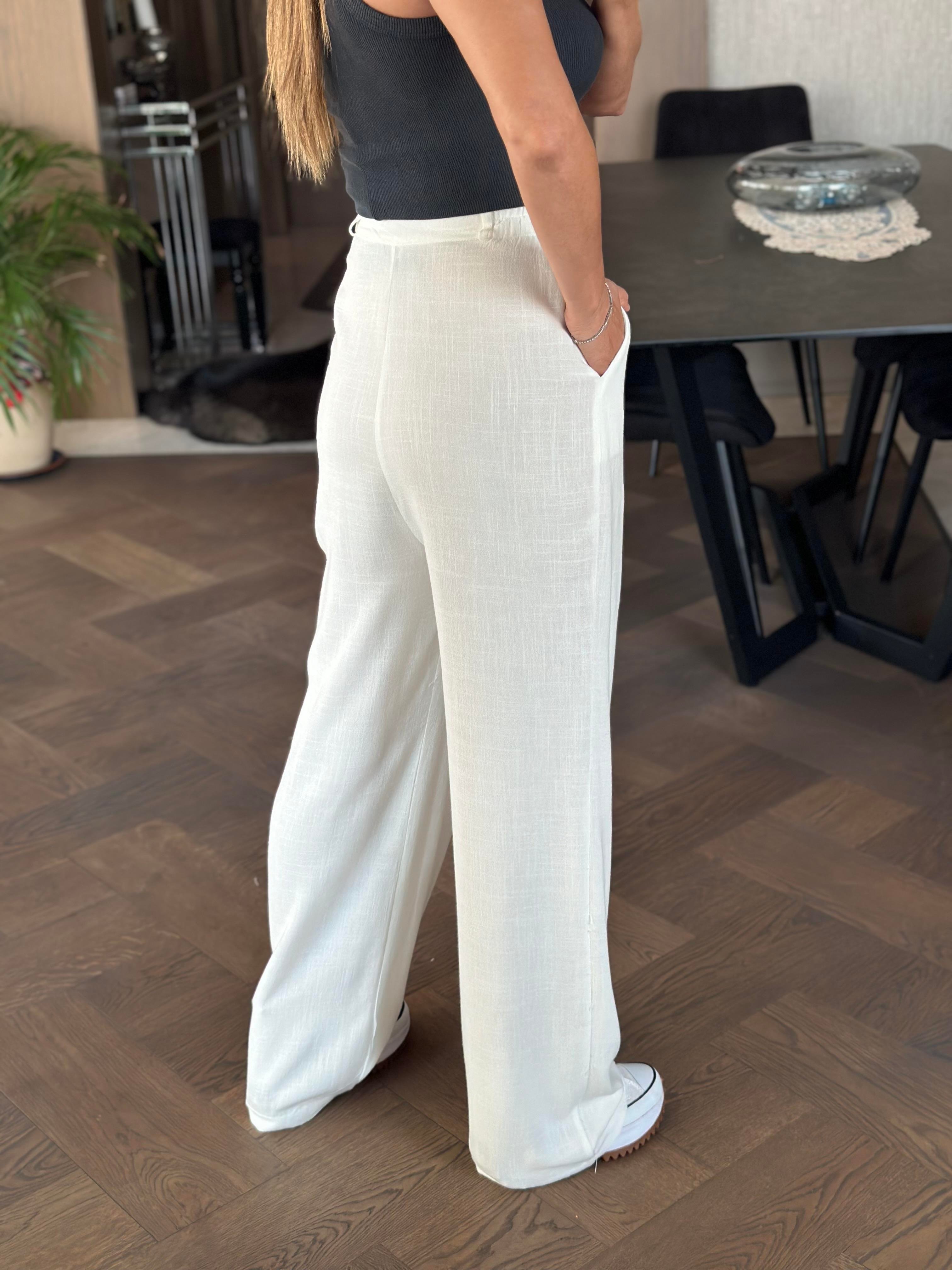 Beyaz Ham Keten Orjinal Marka Yan Beli Lastikli Kadın Pantolon