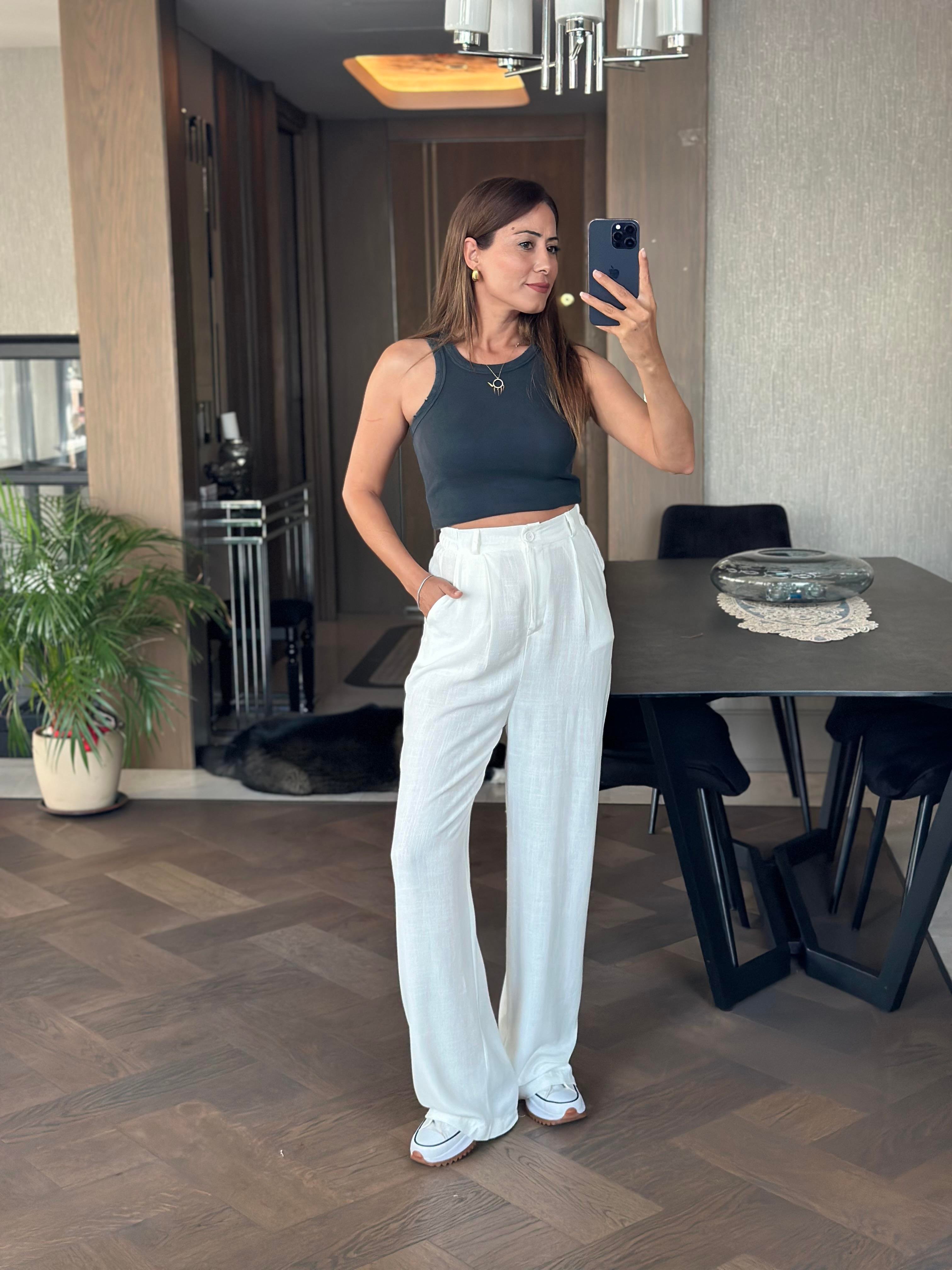 Beyaz Ham Keten Orjinal Marka Yan Beli Lastikli Kadın Pantolon