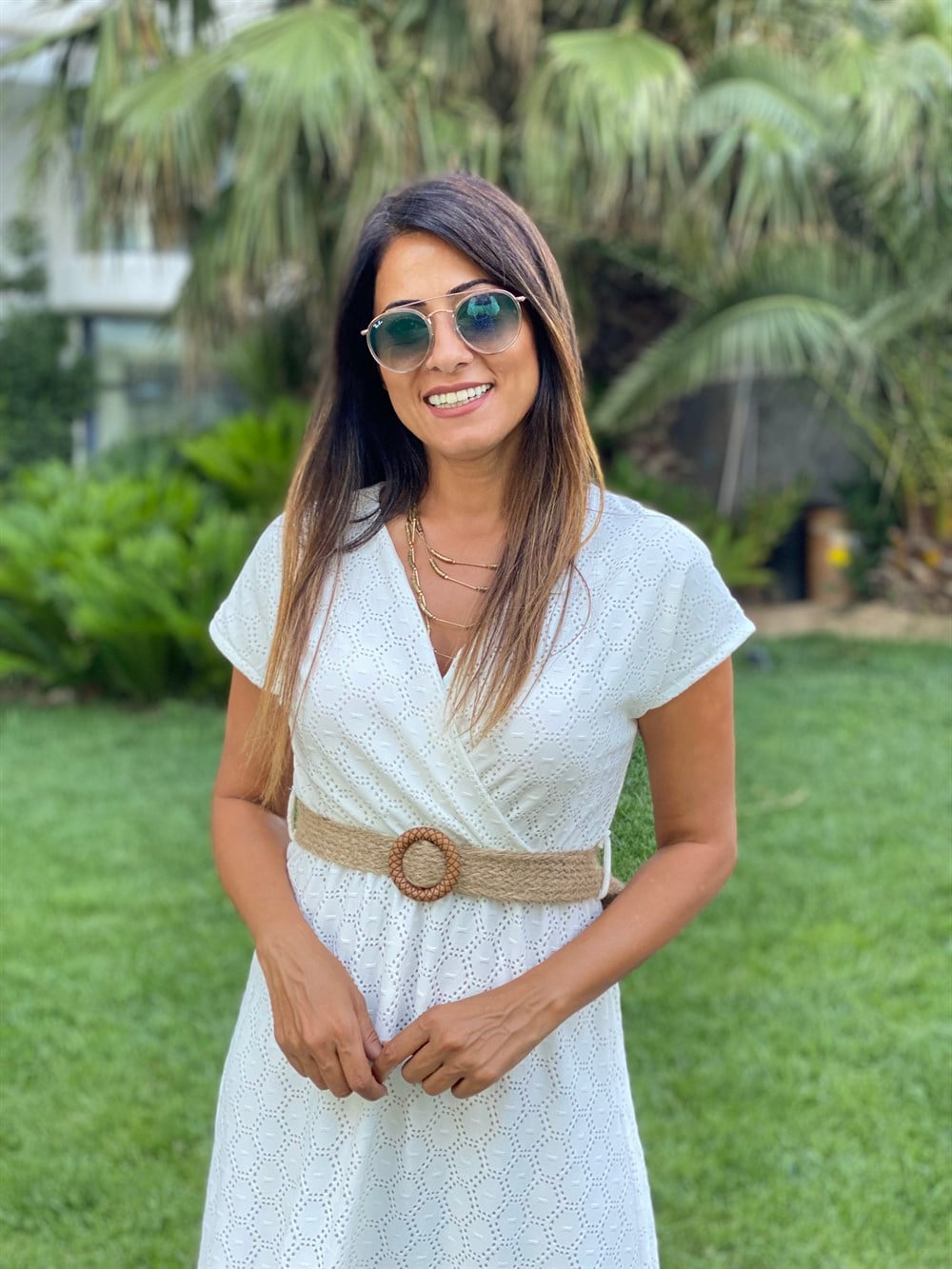 Beyaz Hasır Kemerli Anvelop Örme Brode Kadın Elbise